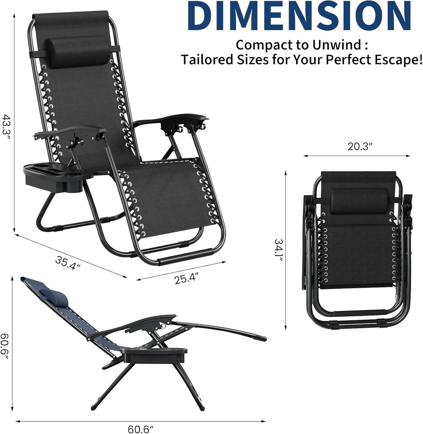 Garvee Zero Gravity Chair Set of 2, Patio Lounge Chair Outdoor with Pillow & Cup Holder Tray, Adjustable Reclining Chair, Folding Portable Camping Chair for Deck, Beach, Yard, Garden - Black