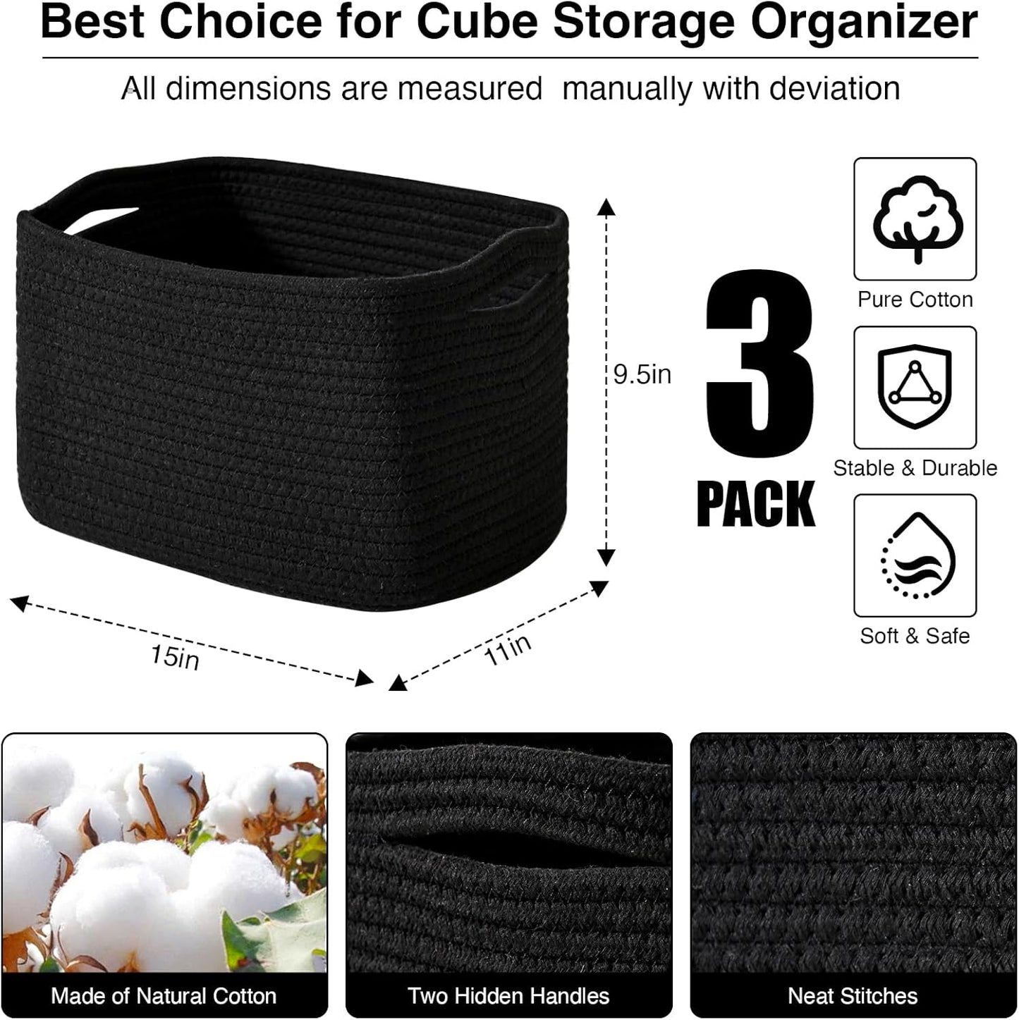 ICERZCZ Black Storage Baskets for Organizing Shelves, Toy Basket for Nursery, Woven Cotton Rope Basket for Decor, Towel Baskets for Bathroom, 15"x11"x9.5", 3 Packs, Black