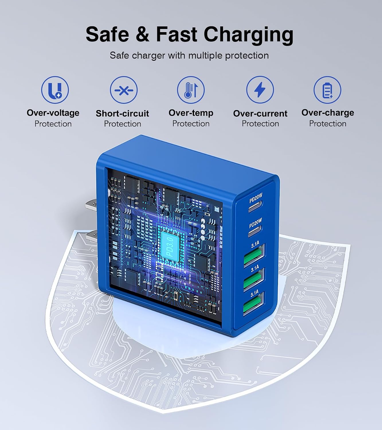 USB C Wall Charger, 50W USB C Charger Block 2-Pack 5-Port PD Fast Charging Blocks,Multiport 2USB C+3USB A Plug,Type C Power Adapter Brick Cube for iPhone 16/15/14/13,Samsung,for Switch（Dark Blue）