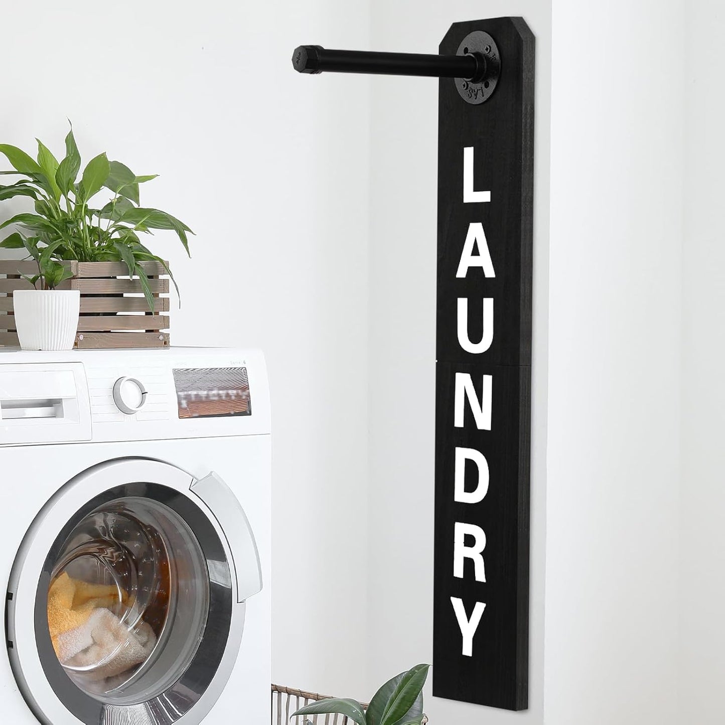 MorningRo Laundry Room Sign Decor Drying Rack Organization Laundry Room Wall Mounted Hanger Rack Farmhouse Swing Arm Rods Clothes Hooks(Black)