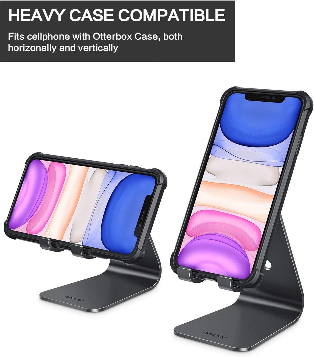 OMOTON Upgraded Aluminum Cell Phone Stand, C1 Durable Cellphone Dock with Protective Pads, Smart Stand Designed for iPhone 17 Air, 16/15/14/13 Pro Max XR XS, iPad mini, Android Phones, Black