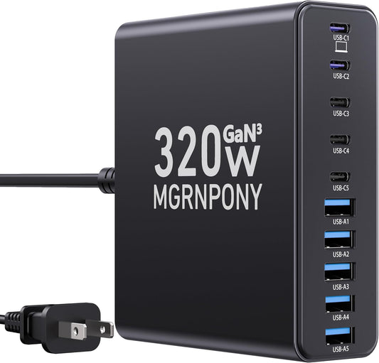 320W USB C Charger Block, 10-Port USB C Charging Station GaN III PD 65W Laptop Fast Charger Adapter for MacBook Pro/Air, DELL, iPad, iPhone, Samsung Galaxy Black