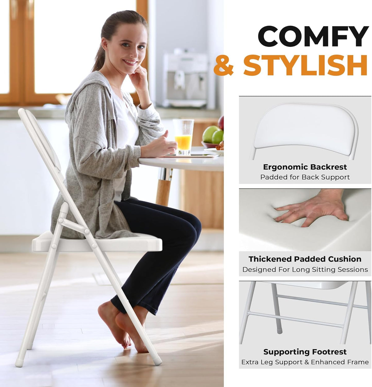 Our Modern Space 4 Pack Leather Chair | Foldable & Stackable | 350 lbs Capacity Steel Frame Seats for Indoor or Outdoor | Commercial Use Events Wedding Party Events Bulk Picnic Kitchen Dining - White
