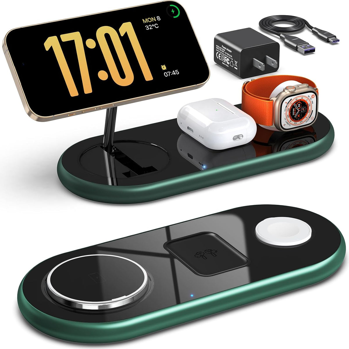 3 in 1 Charging Station for Apple Devices, Faster Mag-Safe Charger Stand, Magnetic Wireless Charger Station for iPhone 17 16 15 14 13 12 Pro Max Plus, Apple Watch iwacth & AirPods, (Alpine Green)