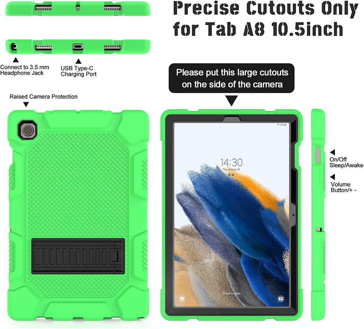 Galaxy Tab A8 10.5 Case with Kickstand, Hybrid Shockproof Rugged Cover for Samsung A8 Tablet Case 10.5 Inch (SM-X200/X205/X207), Green+Black