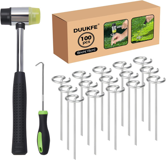 100pcs Landscape Fabric Pins, Heavy Duty Galvanized Landscape Staples Weed Barrier Stakes Lawn Staples with Staples Remover Mallet Yard Stakes Staples for Lawn Edging Ground Cover Outdoor Gardening
