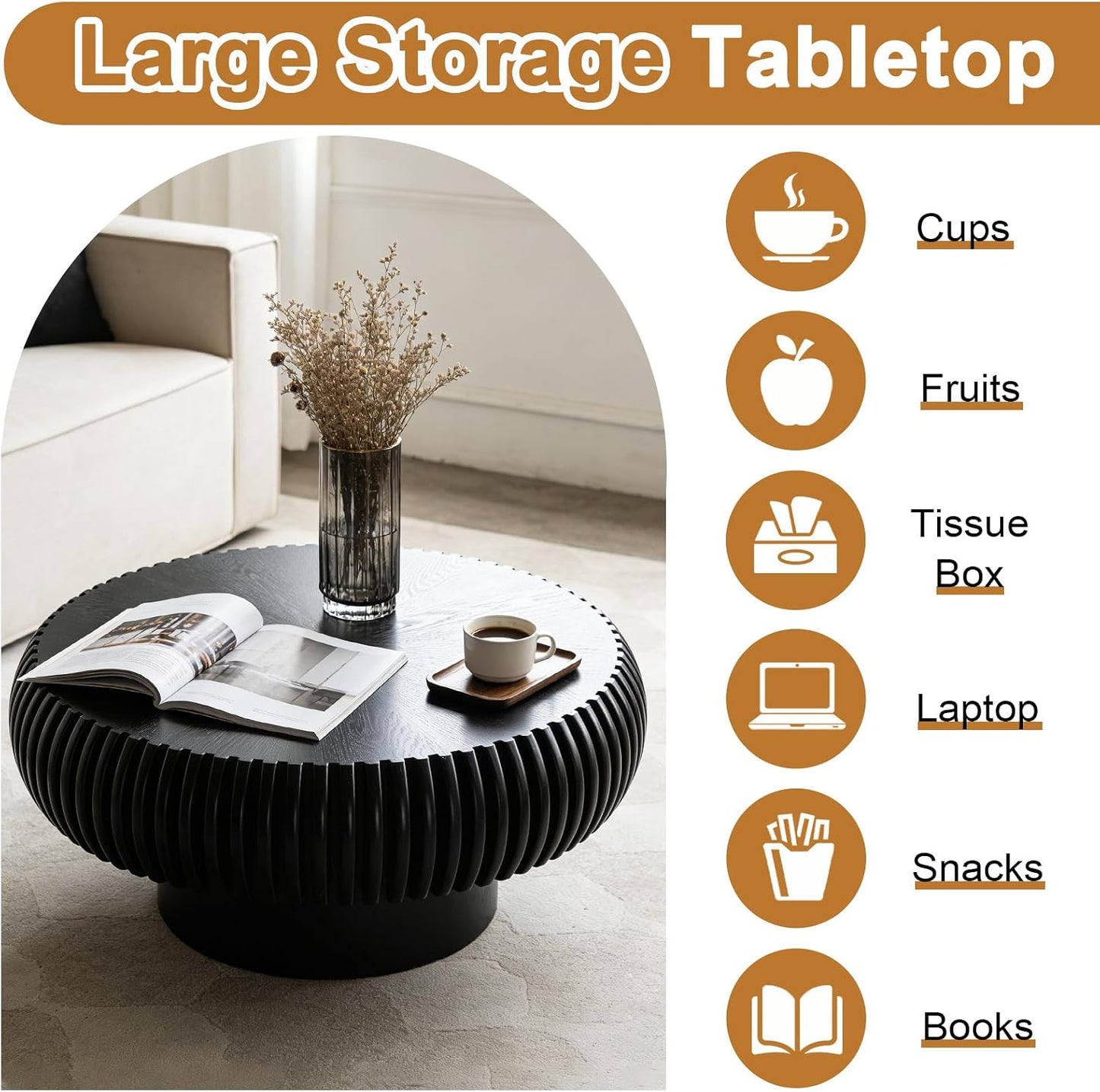 31 inch Black Round Fluted Coffee Table for Living Room (G, 1PC) | Mid Century Modern Style, Drum Shape, Low Circle Center Table, Wood Fluted Stripes, For Small Spaces, Easy to Assemble