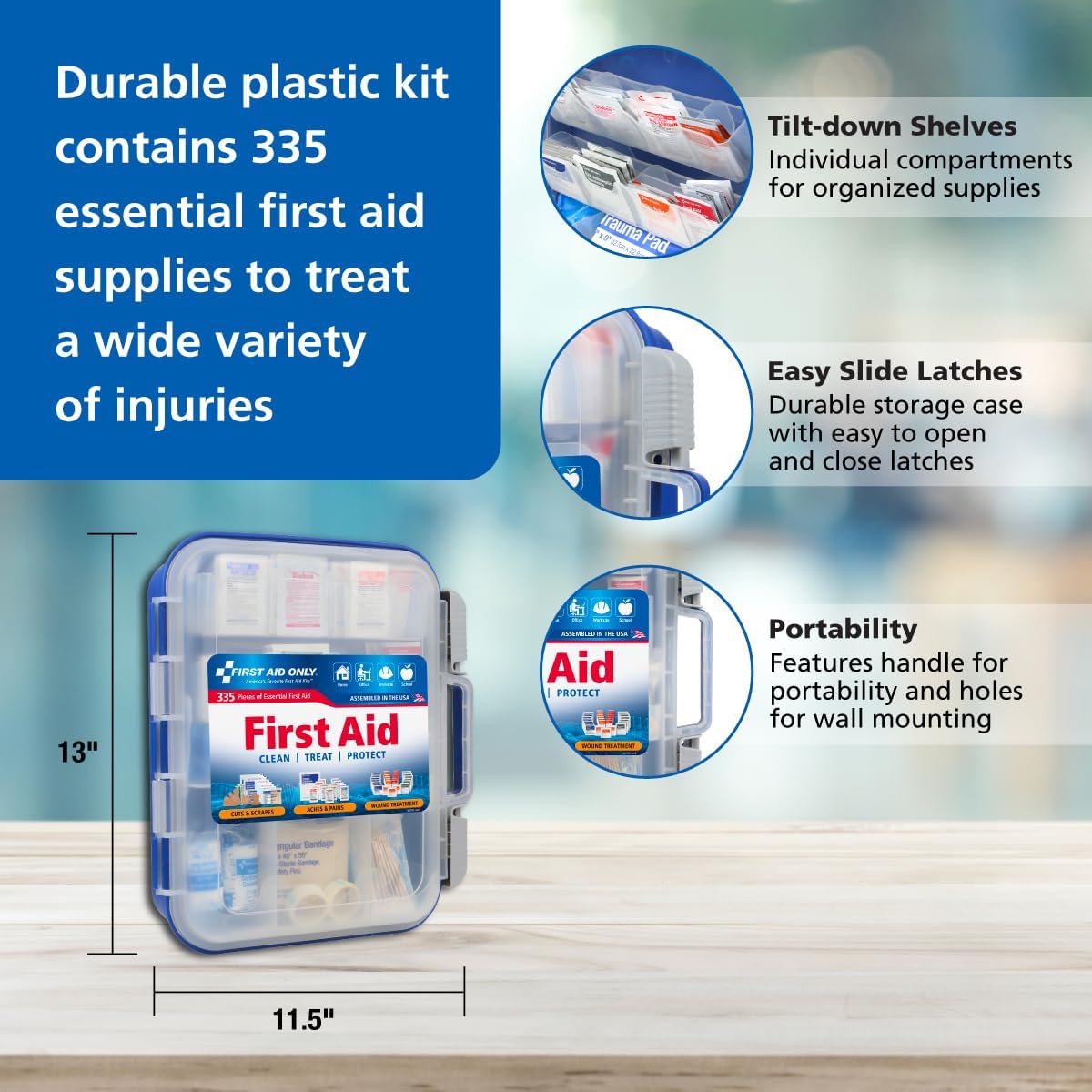 First Aid Only 91247 OSHA-Compliant First Aid Kit, All-Purpose 100-Person Emergency First Aid Kit for Business, Worksite, Home, and Car, 335 Pieces, Multicolored