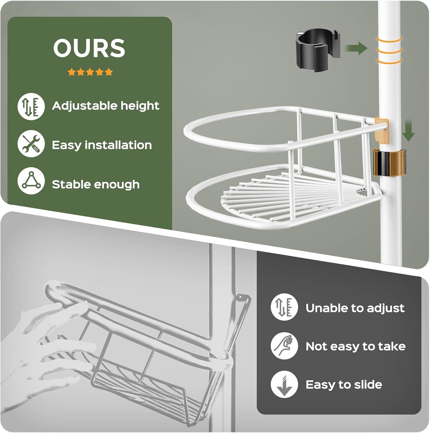 HAMITOR Corner Shower Caddy Tension Pole: Rustproof Bathroom Organizer Shelves for Bathtub Shampoo Accessories Storage Holder - 47-121 Inch Adjust - White