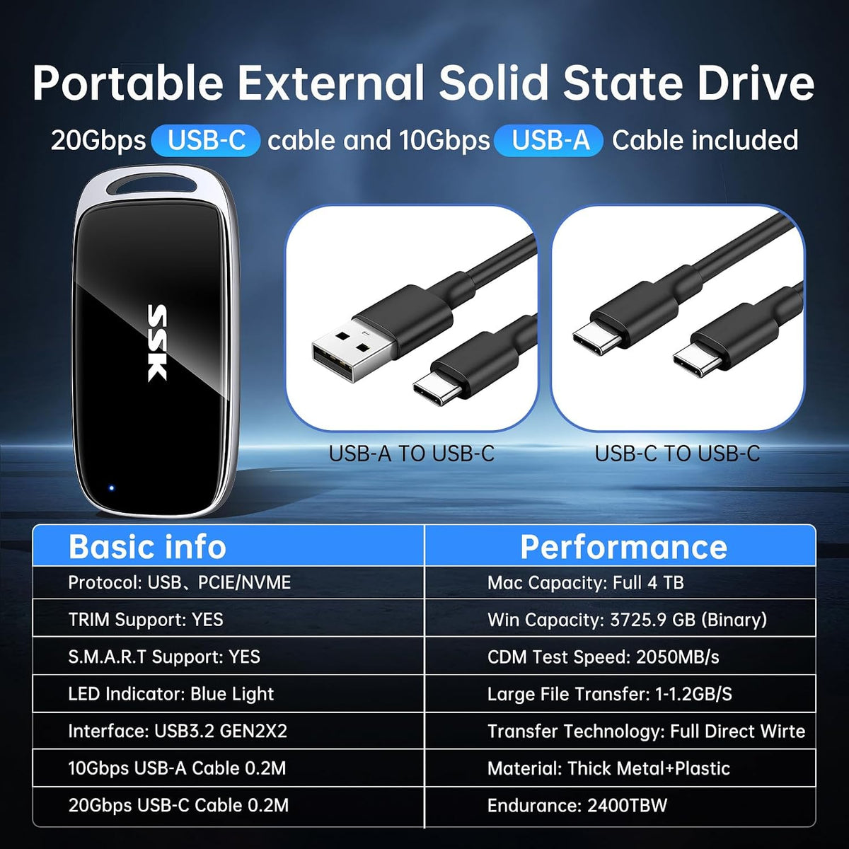 SSK 4TB Portable SSD External Solid State Hard Drive USB3.2 Gen2x2 20Gbps
