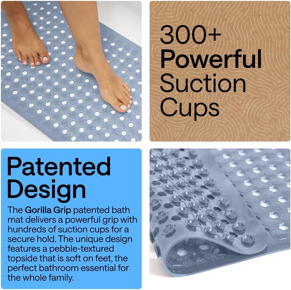GORILLA GRIP Patented Bath Tub Shower Mat, Machine Washable Bathtub Floor Liner Mats, Suction Cups and Drain Holes to Keep Tubs Clean, Soft on Feet, Bathroom Essentials, 35x16 Inch, Sky Blue Opaque
