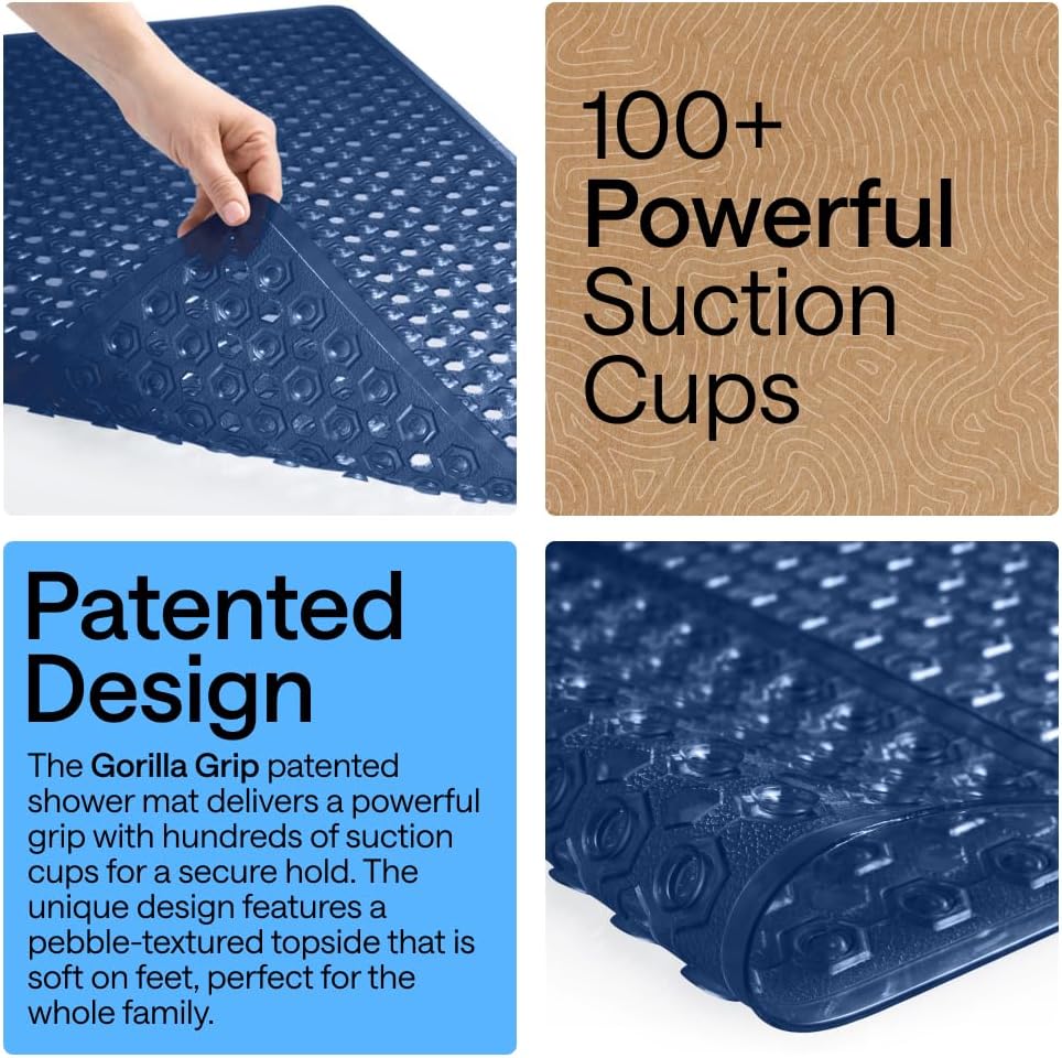 GORILLA GRIP Patented Square Shower Stall Mat, Small Bathtub Floor Mats for Stand Up Showers, Suction Cups and Drainage Holes, Machine Wash, Soft on Feet, Bathroom Accessories 21x21 Inch, Navy Blue