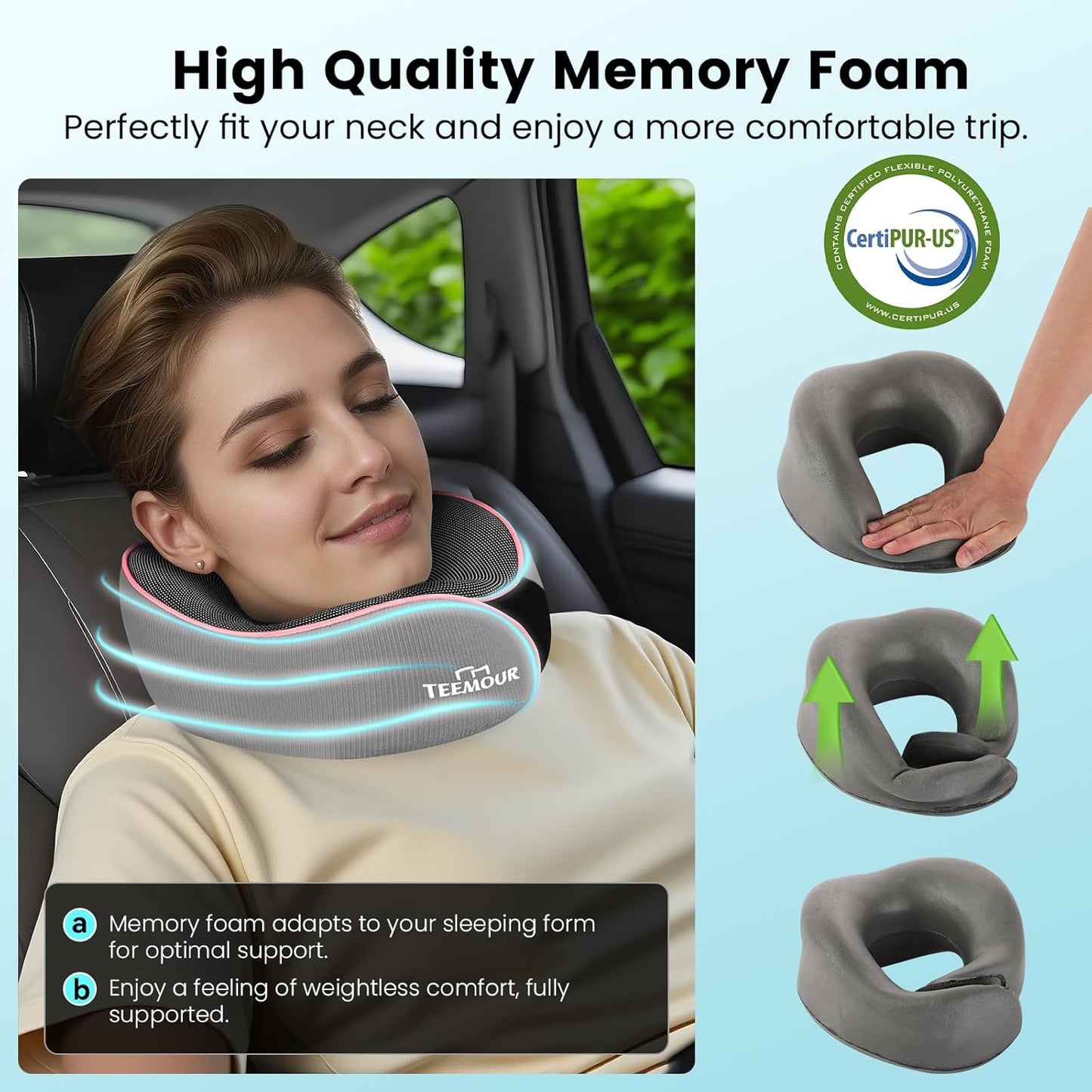 Teemour Travel Neck Pillow Airplane- Upgraded Memory Foam Neck Pillow for Airplanes 360° Support Desing, with Eye Mask & Earplugs, Portable Carry Bag for Long Flights, Business Trip|Travel Essentials