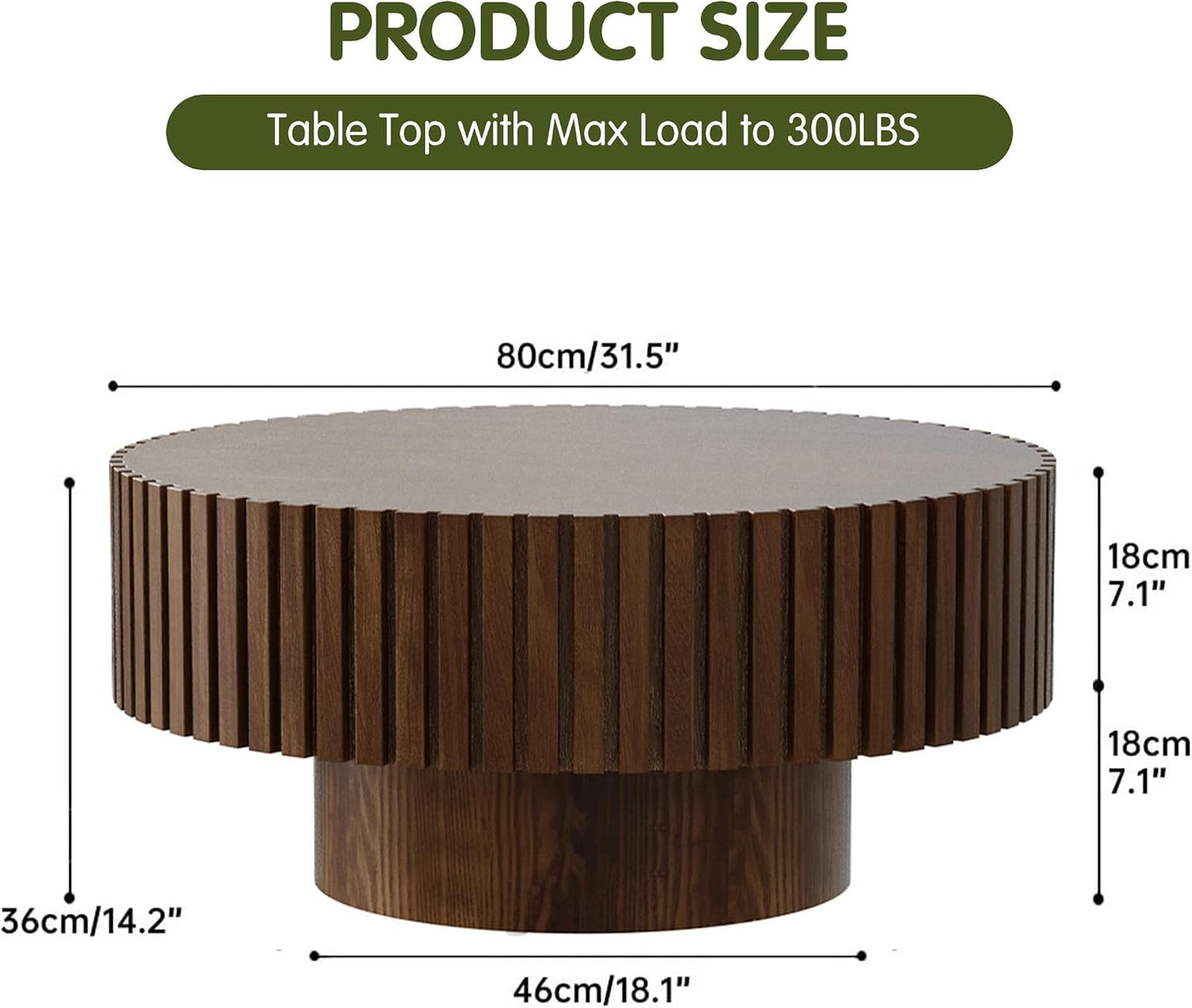 Brown Round Fluted Coffee Table for Living Room (31" Round Brown) | Handcrafted Relief, Circular Wood Drum Coffee Table, for Office Outdoor