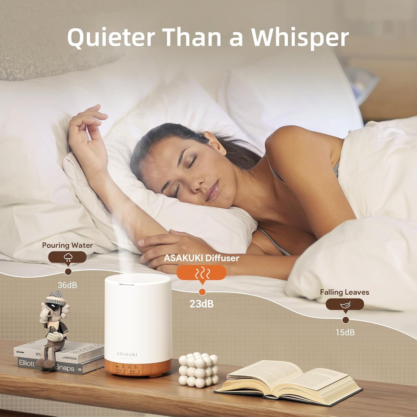 ASAKUKI Essential Oil Diffuser for Home, 300 ml Humidifier with Automatic Shut-Off, Quiet Aromatherapy Diffuser with 7 LED Lights for Living Room, Kitchen, Bedroom, Hotel - Light Brown