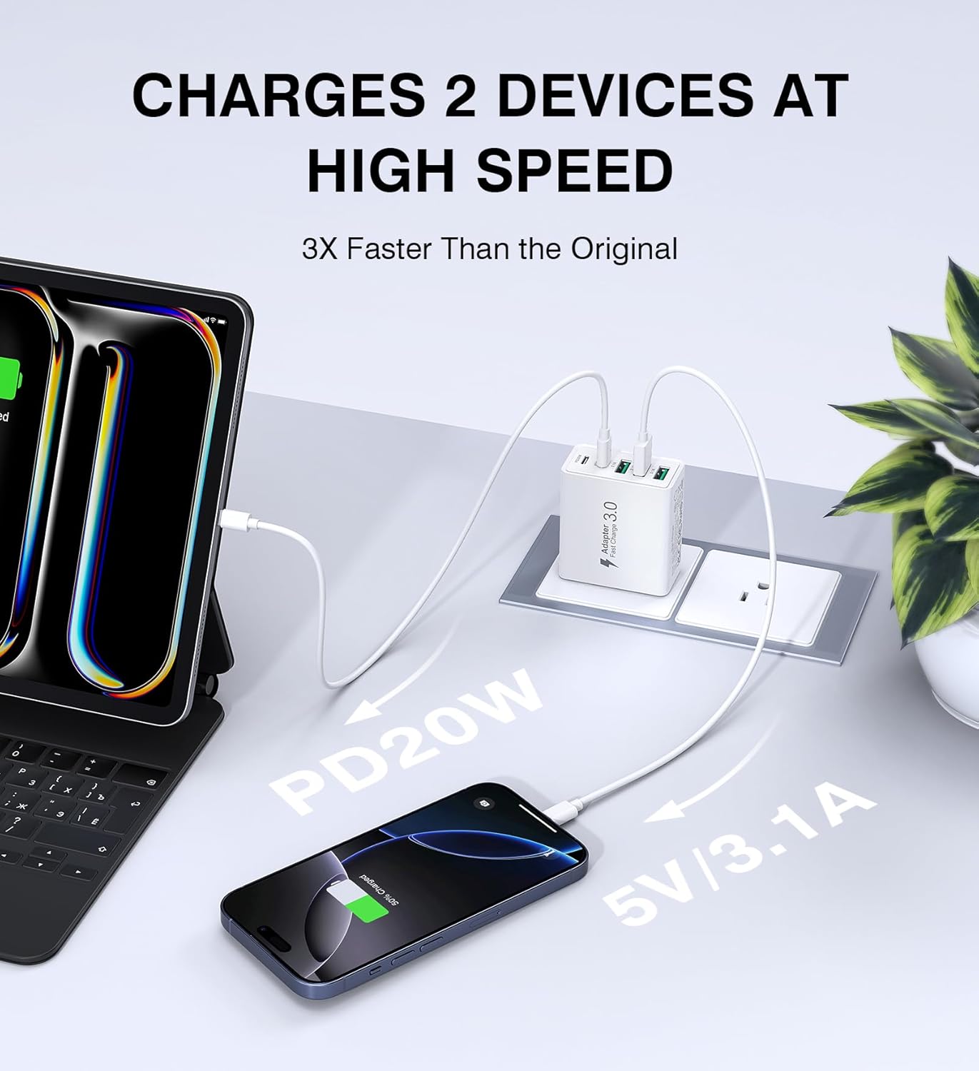 [2-Pack] USB C Wall Charger,50W 5-Port PD Fast USB C Charging Block,2USB C+3USB A Multiport Plug,Type C Power Adapter Brick Cube for iPhone 17/16/15/14/13/12/Pro Max/XS,iPad,for Switch,Samsung,Ultra 2