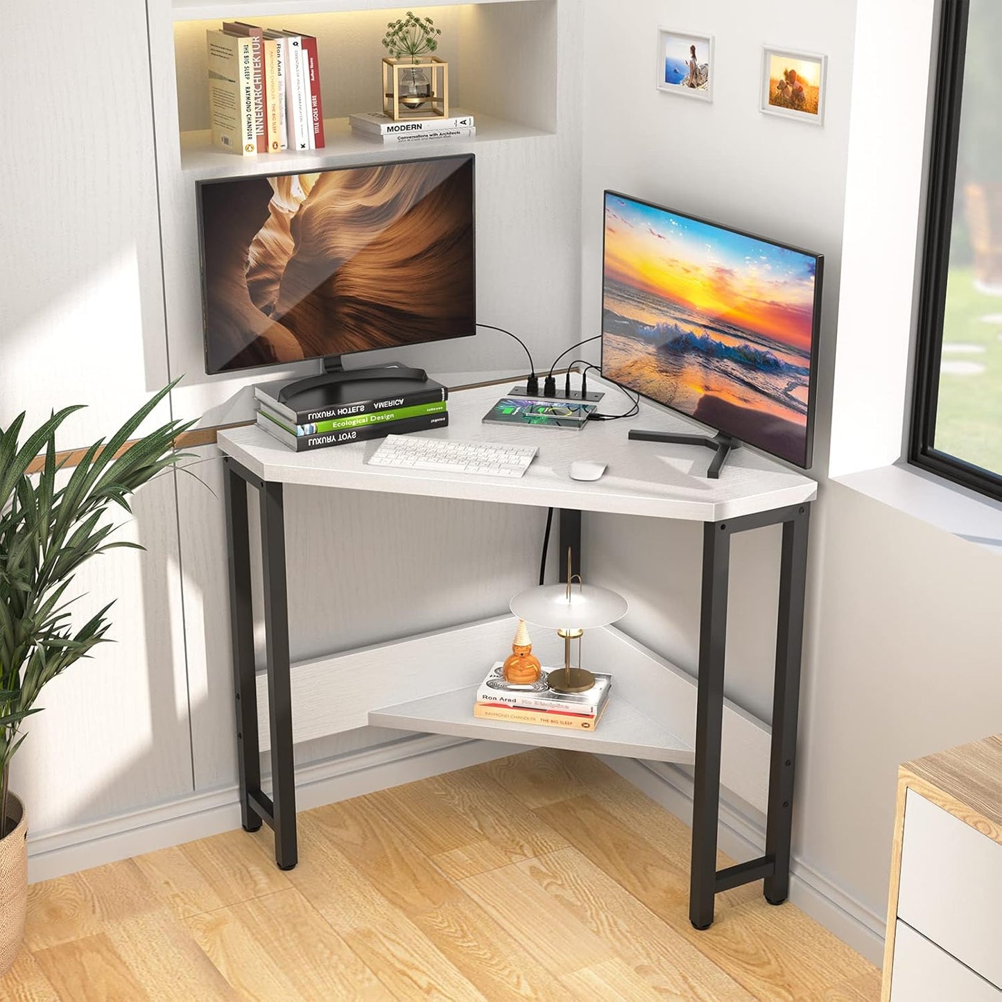 Armocity Corner Desk Small Desk with Outlets Corner Table for Small Space, Computer Desk with USB Ports Triangle Desk with Storage for Home Office, Workstation, Living Room, Bedroom, White