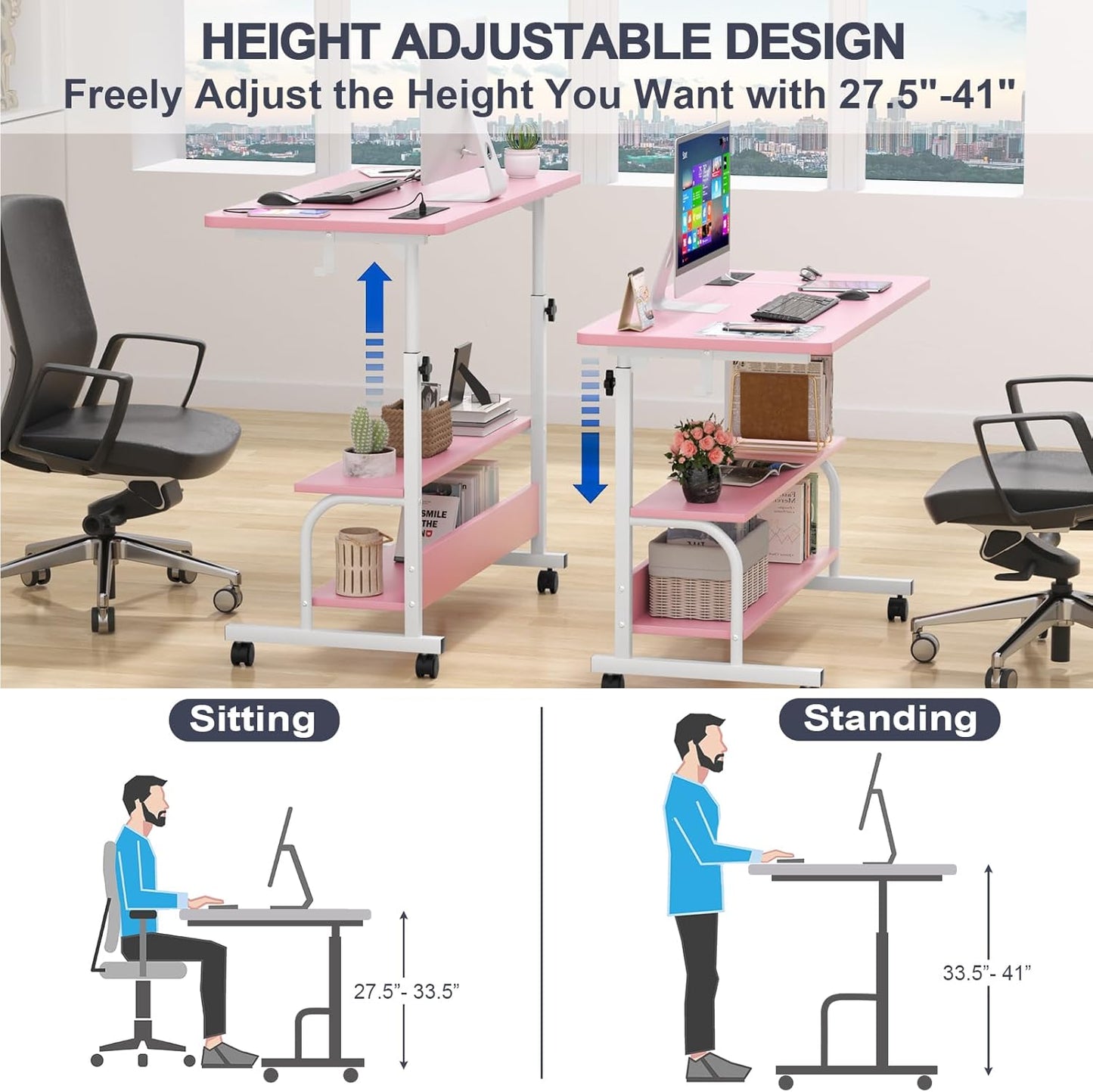 Armocity Rolling Standing Desk with Charging Station, Portable Height Adjustable Mobile Computer Desk with Wheels & 2-Tier Shelves & Hooks, Easy Assembly Laptop Table for Couch Bed, 32" Pink