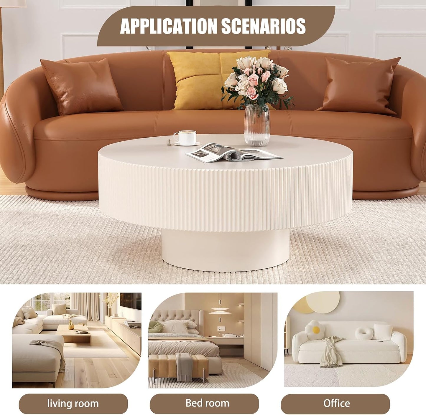 Modern Wood Round Coffee Table for Living Room (30.9inIvory White Thick) | Drum Round Fluted Coffee Table with Sturdy Base, Circular Pedestal Center Table for Office Patio, Easy Assembly