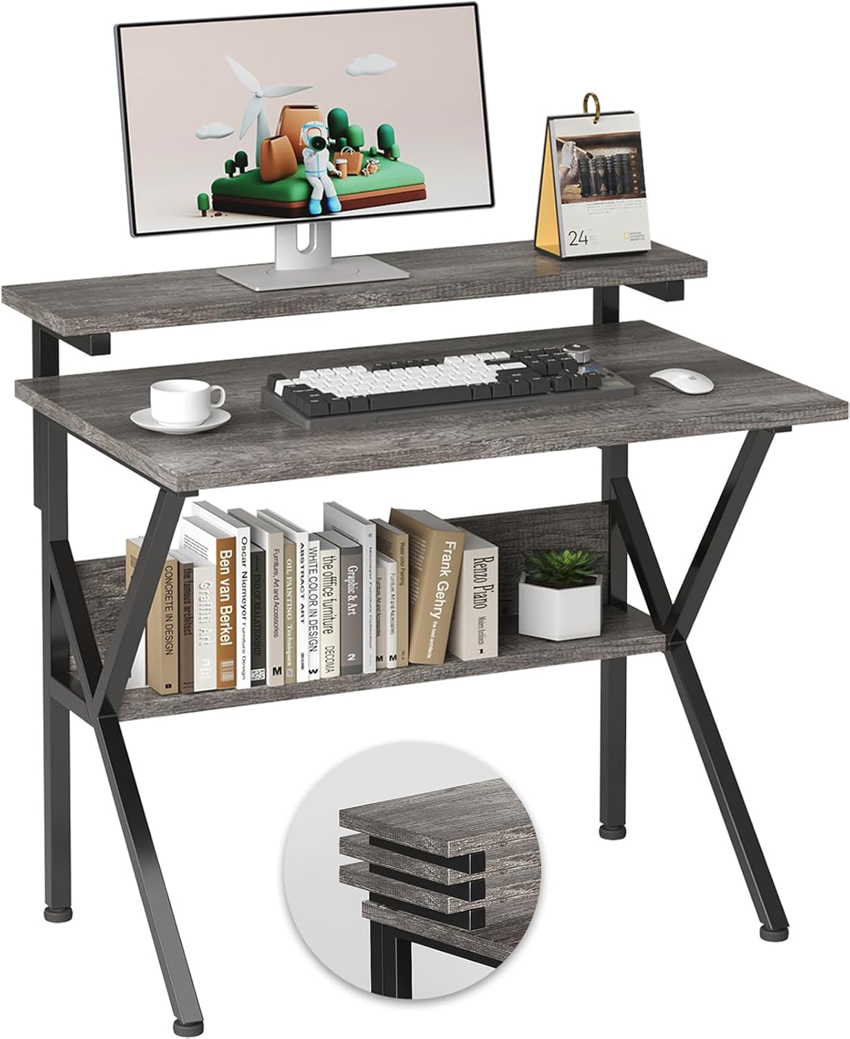 COTUBLR Small Desk, 27.5 Inch Small Computer Desk for Spaces, Computer Desks with Adjustable Monitor Stand, Compact Desks with Storage, Tiny Study Table for Bedroom Home Office, Pink