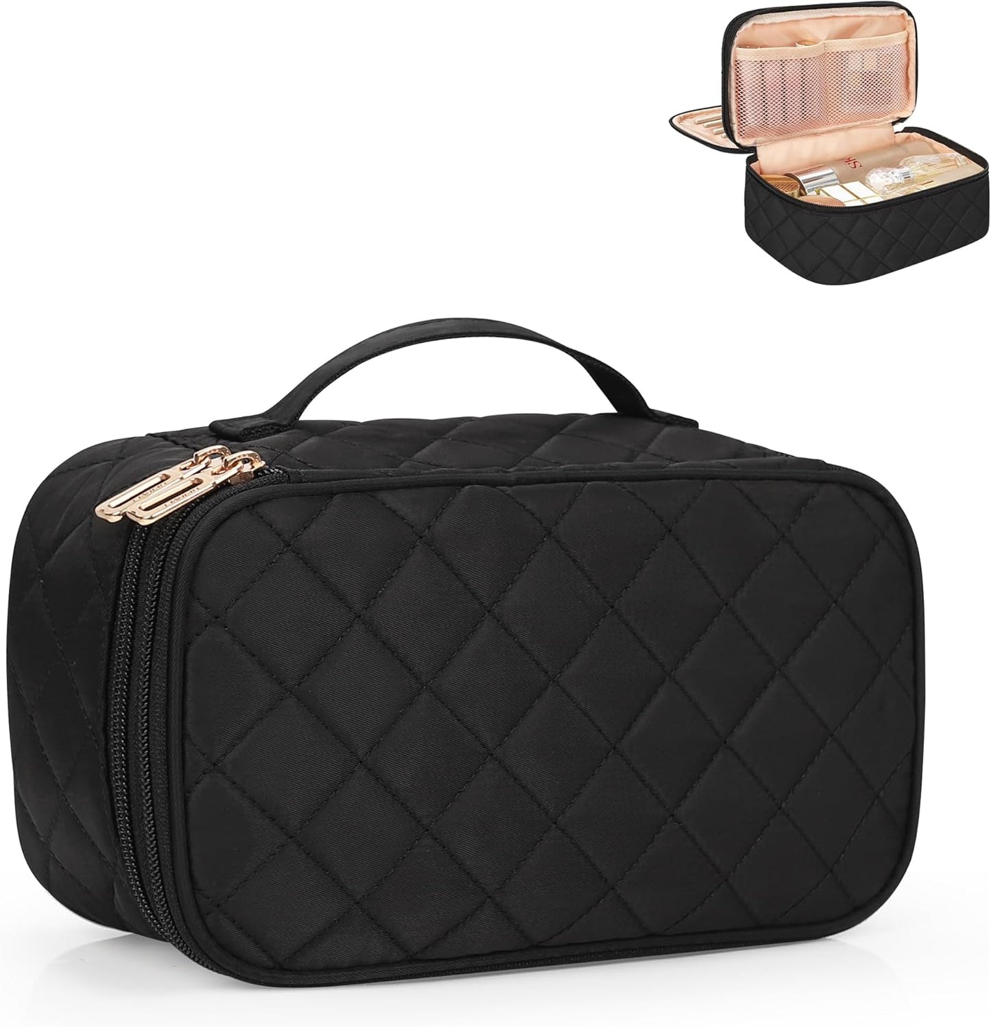 Relavel Small Makeup Bag, Travel Makeup Bag, Cosmetic Bag for Women, 2 Layer Makeup Organizer, Black Make Up Pouch Waterproof, Makeup Brush Holder, Durable Zipper (Black)
