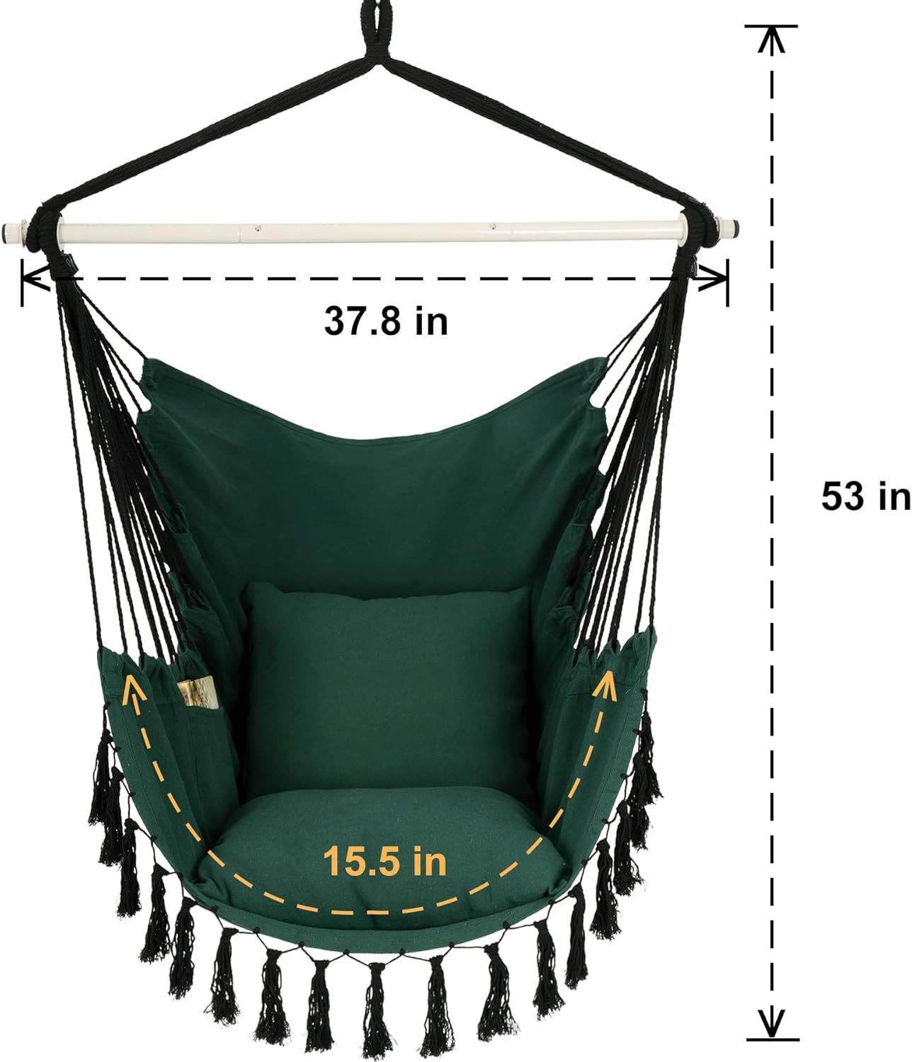 Y- STOP Hammock Chair Hanging Rope Swing, Max 500 Lbs, 2 Cushions Included, Large Macrame Hanging Chair with Pocket for Superior Comfort, with Hardware Kit, Green