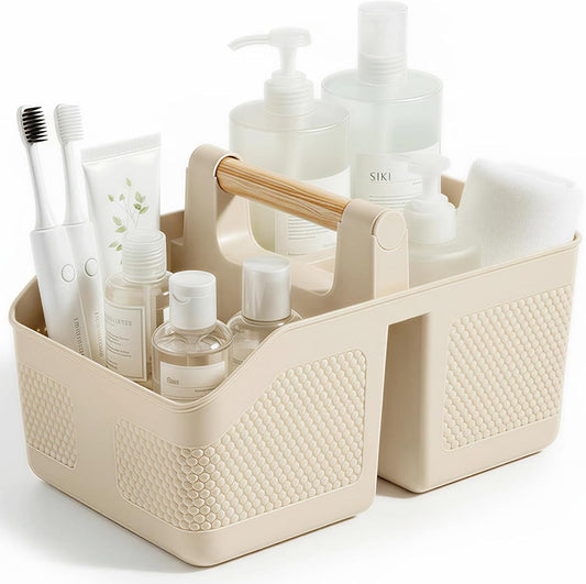 rejomiik Shower Caddy Portable with Bamboo Handle, Plastic Basket Cleaning Caddy Organizer Storage Tote for Bathroom, College, Dorm Room Essentials, Cream