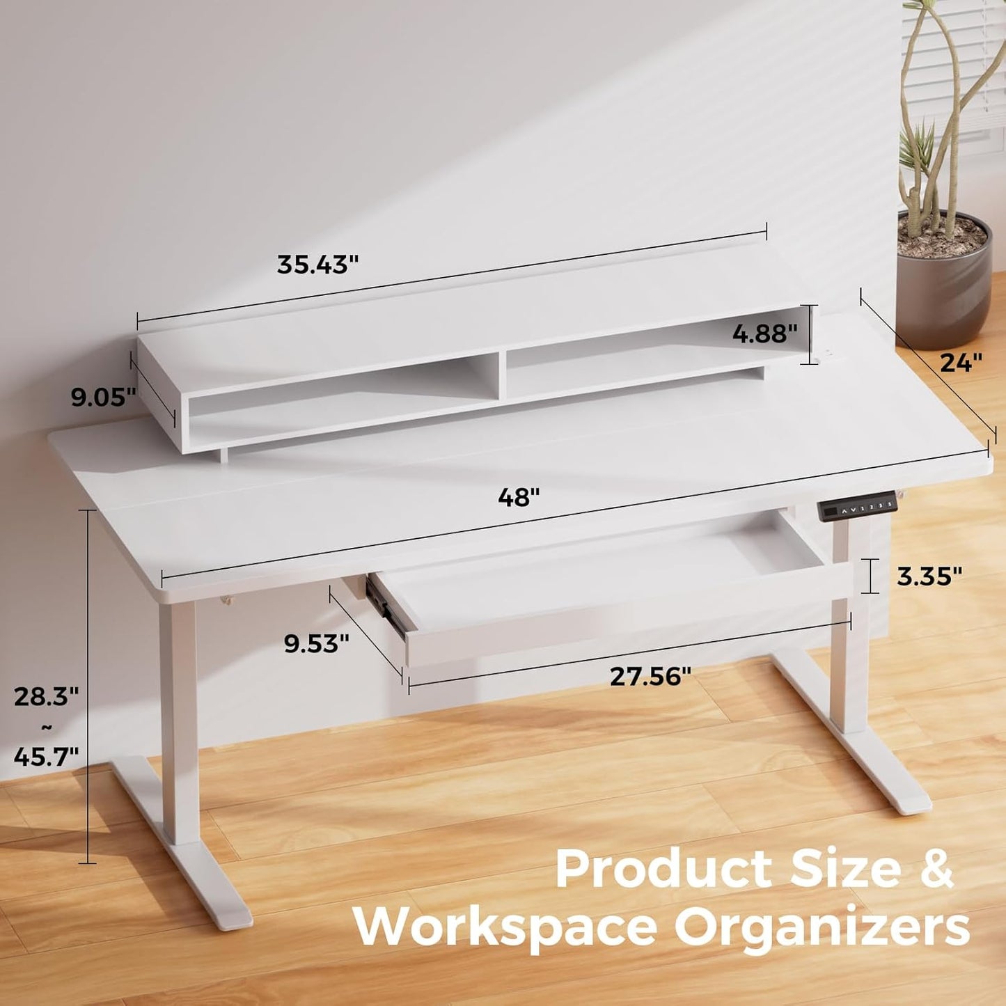 GTPLAYER Electric Standing Desk with Drawers, 48 x 24 Inch Height Adjustable Gaming Desk with Monitor Stand, Power Outlets & LED Lights, Home Office Sit Stand Up Desk with Memory Preset (White)