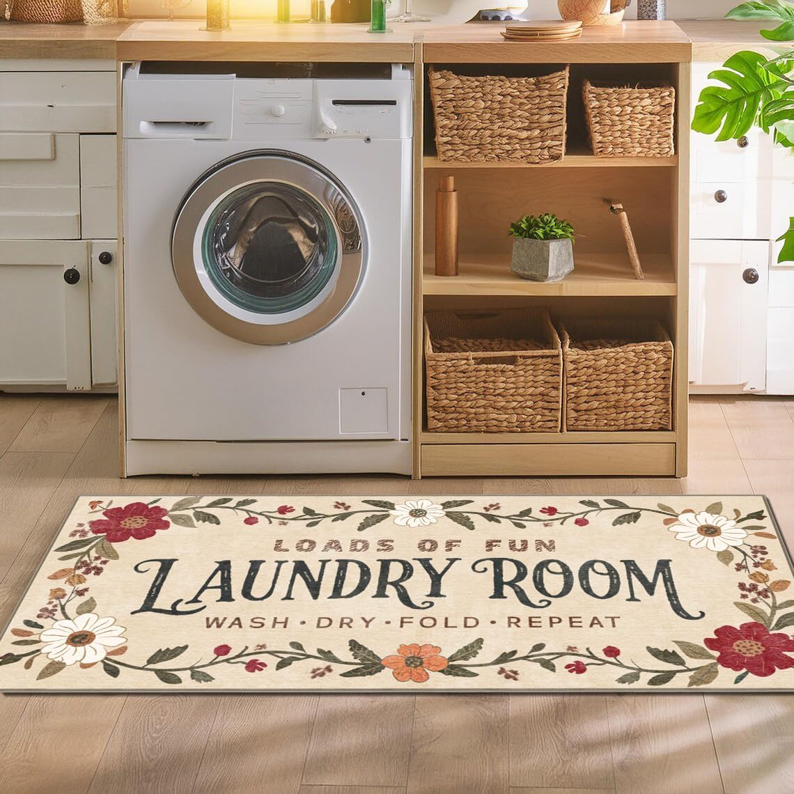 Laundry Room Rug 20"x47" – Low-Profile Boho Non-Slip Runner Rug with TPE Backing, Durable Washable Soft Laundry Mat, Comfortable Floor Mat for Laundry Room Organization, Fits Washer Front, Kitchen Mat