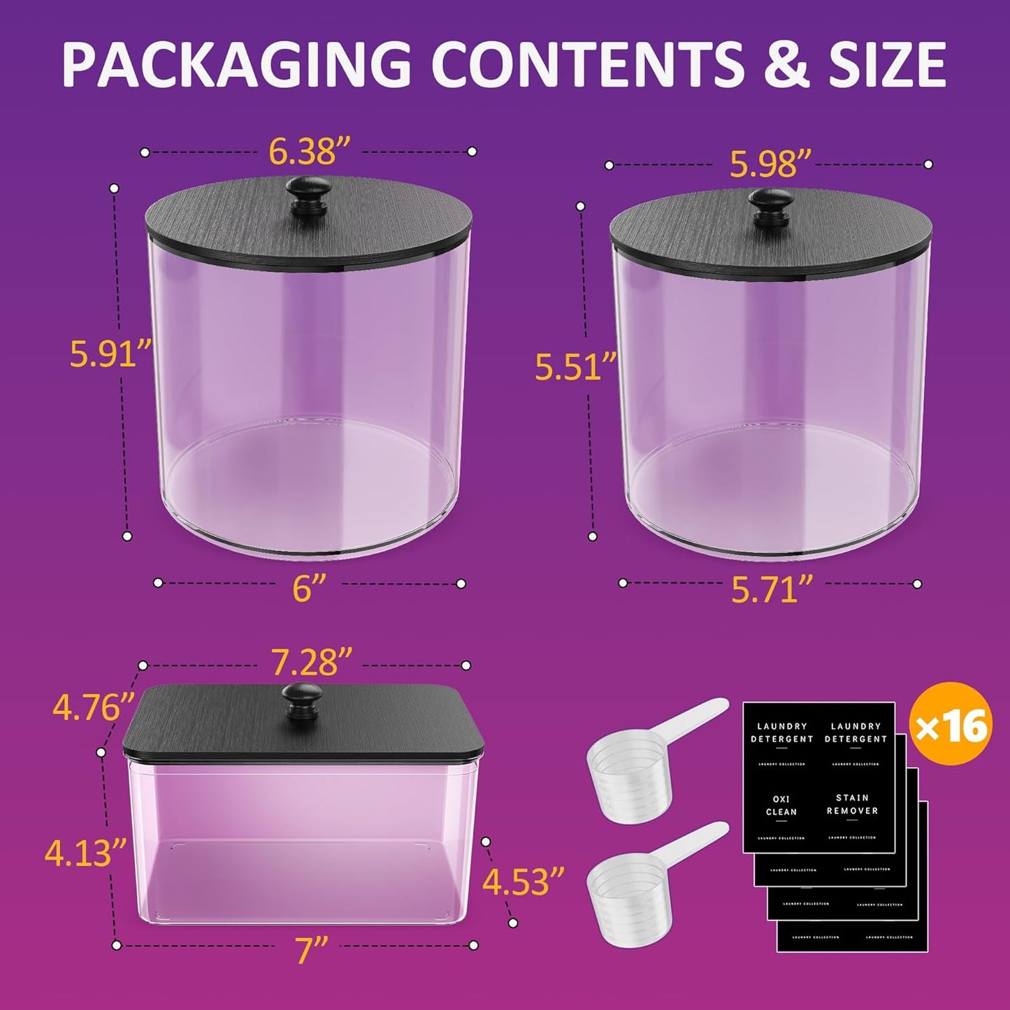 galasily 3 Pack Laundry Pods Container, Clear Laundry Room Organization Containers,Large Acrylic Detergent Powder Storage Containers Black Wooden Lids & Labels, Dryer Sheet Holder