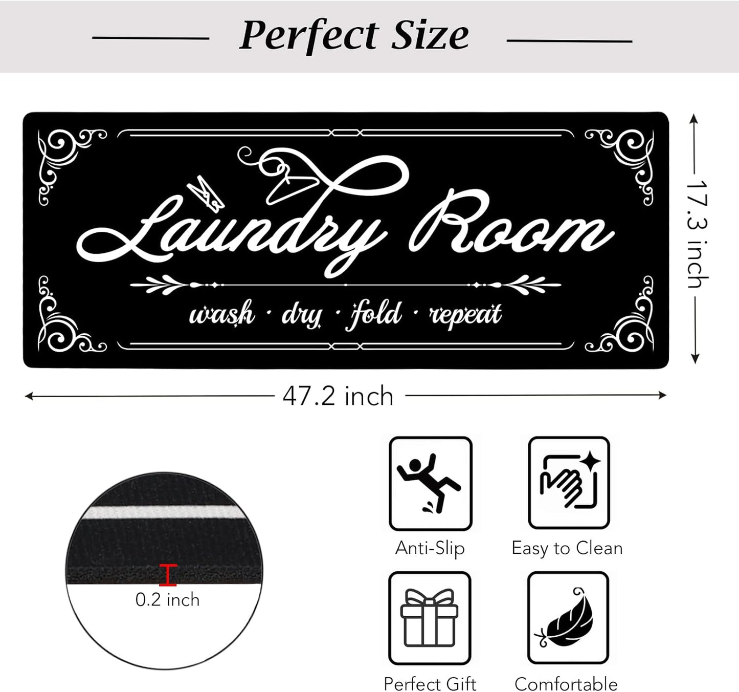 Non-Slip Laundry Room Rug Runner 17.3"x47.2" Washable Floor Cushioned Rubber Carpet Black Bathroom Hallway Mudroom Kitchen Mat for Farmhouse Entryway Washroom Decor Accessories