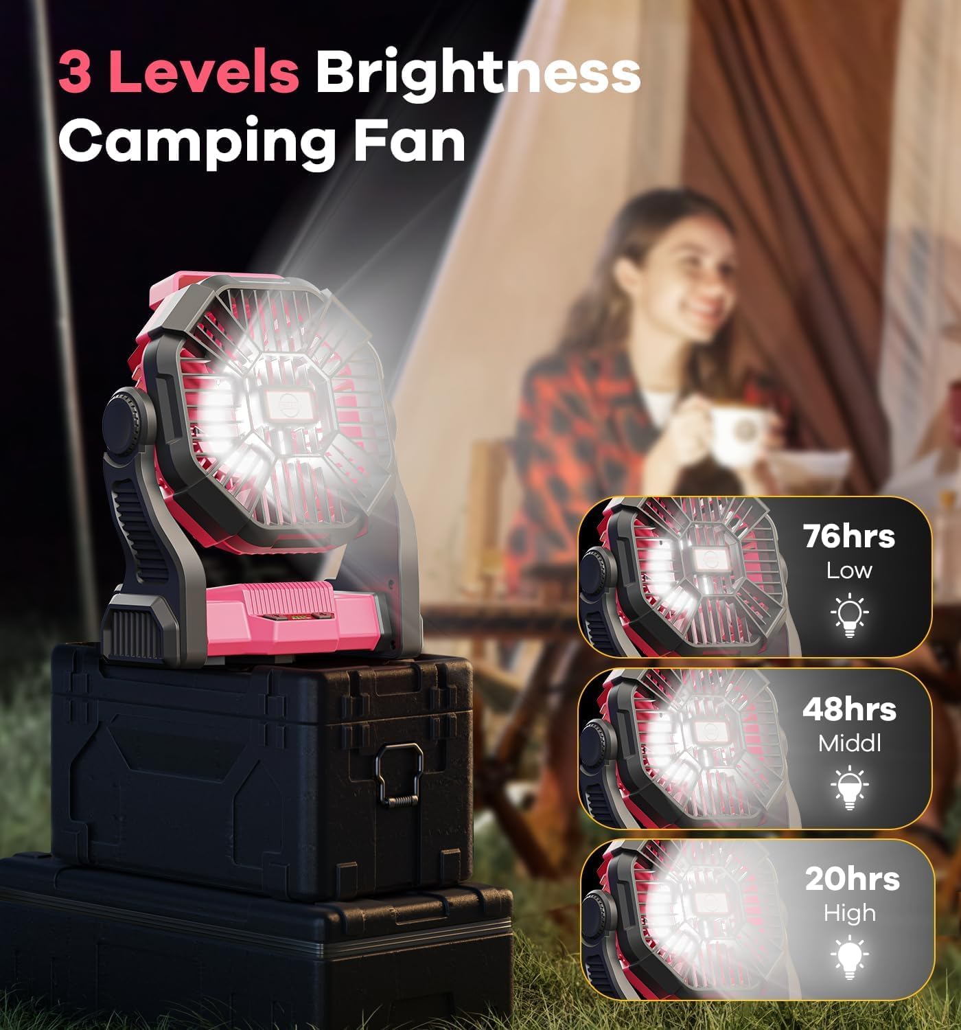 DOWILLDO 20000mAh Portable Battery Powered Camping Fan - with LED Light, Quiet Battery Operated, Camping Gear for Travel, Tent, Beach, Car or Hurricane Power Outages, Pink