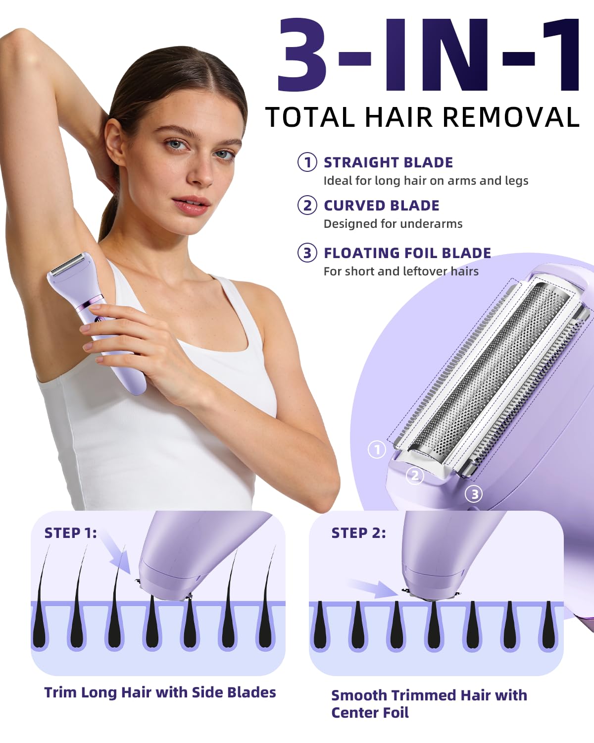 Ufree Bikini Trimmer Electric Razors for Women, Ceramic Blade Body Hair Trimmer, IPX7 Waterproof Rechargeable Lady Shaver, Personal Groomer for Legs & Pubic Hair, Gifts for Women, Purple