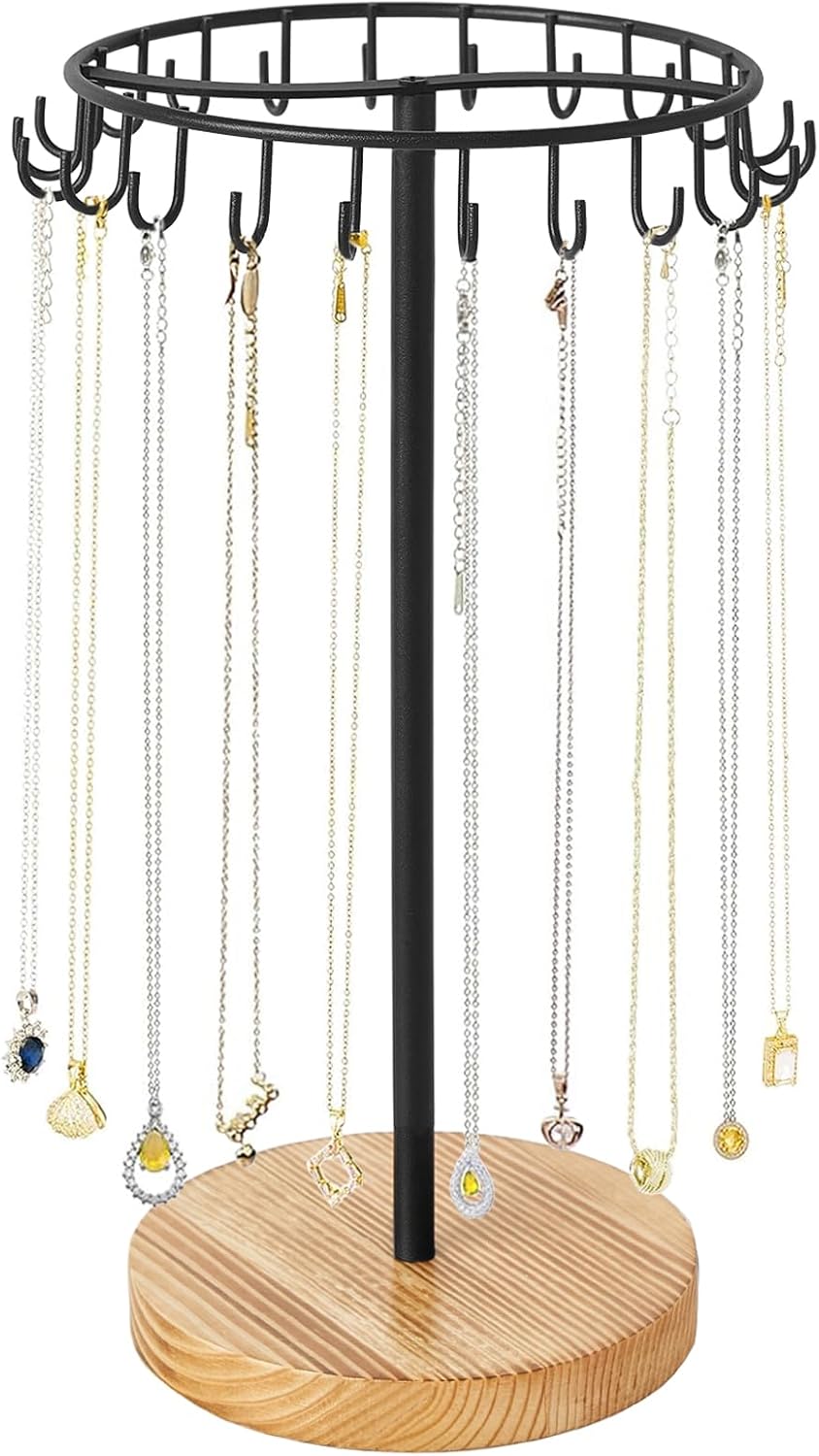 Mkono Necklace Holder Metal Jewelry Display Stand Necklace Organizer with 22 Hooks for Storage and Hanging Bracelet Keychain Home Room Decor for Women,Wood