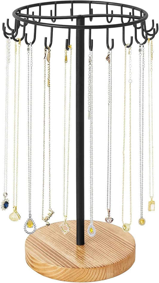 Mkono Necklace Holder Metal Jewelry Display Stand Necklace Organizer with 22 Hooks for Storage and Hanging Bracelet Keychain Home Room Decor for Women,Wood
