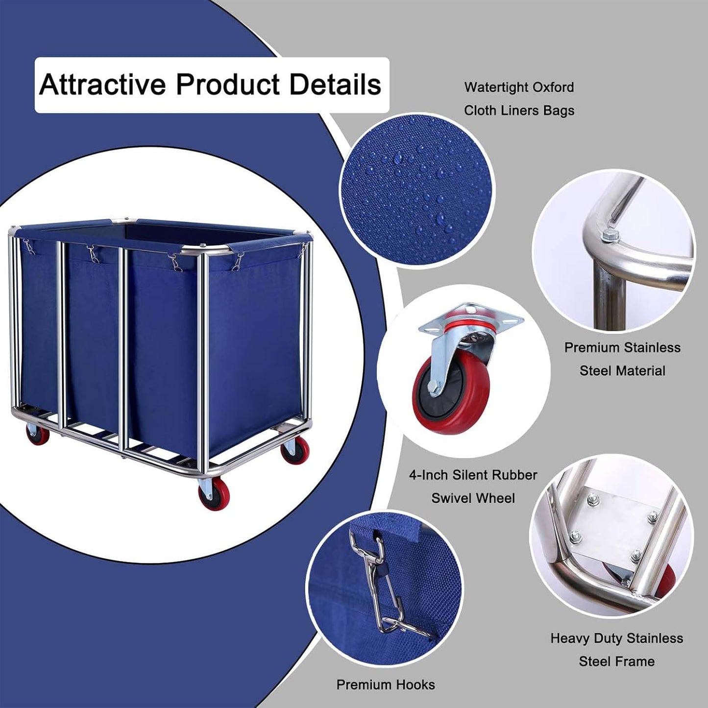 Commercial Laundry Cart with Wheels, 470L Industrial Rolling Laundry Basket, Large Heavy Duty Laundry Sorter with Watertight Oxford Bag & Sturdy Steel Frame for Home, Hotel, Hospital, 440 lbs (Blue)
