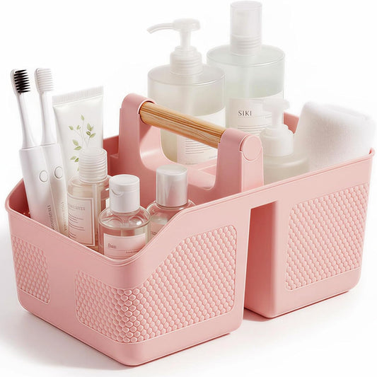 rejomiik Shower Caddy Portable with Bamboo Handle, Plastic Basket Cleaning Caddy Organizer Storage Tote for Bathroom, College, Dorm Room Essentials, Pink