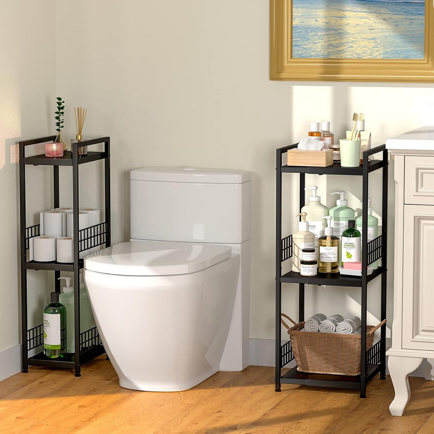 DAOUTIME 3-Tier Metal Shelving Unit, Expandable, Free-Standing, Narrow, Open Floor Shelves, Ideal for Bathroom, Kitchen, Laundry, Storage, Organization
