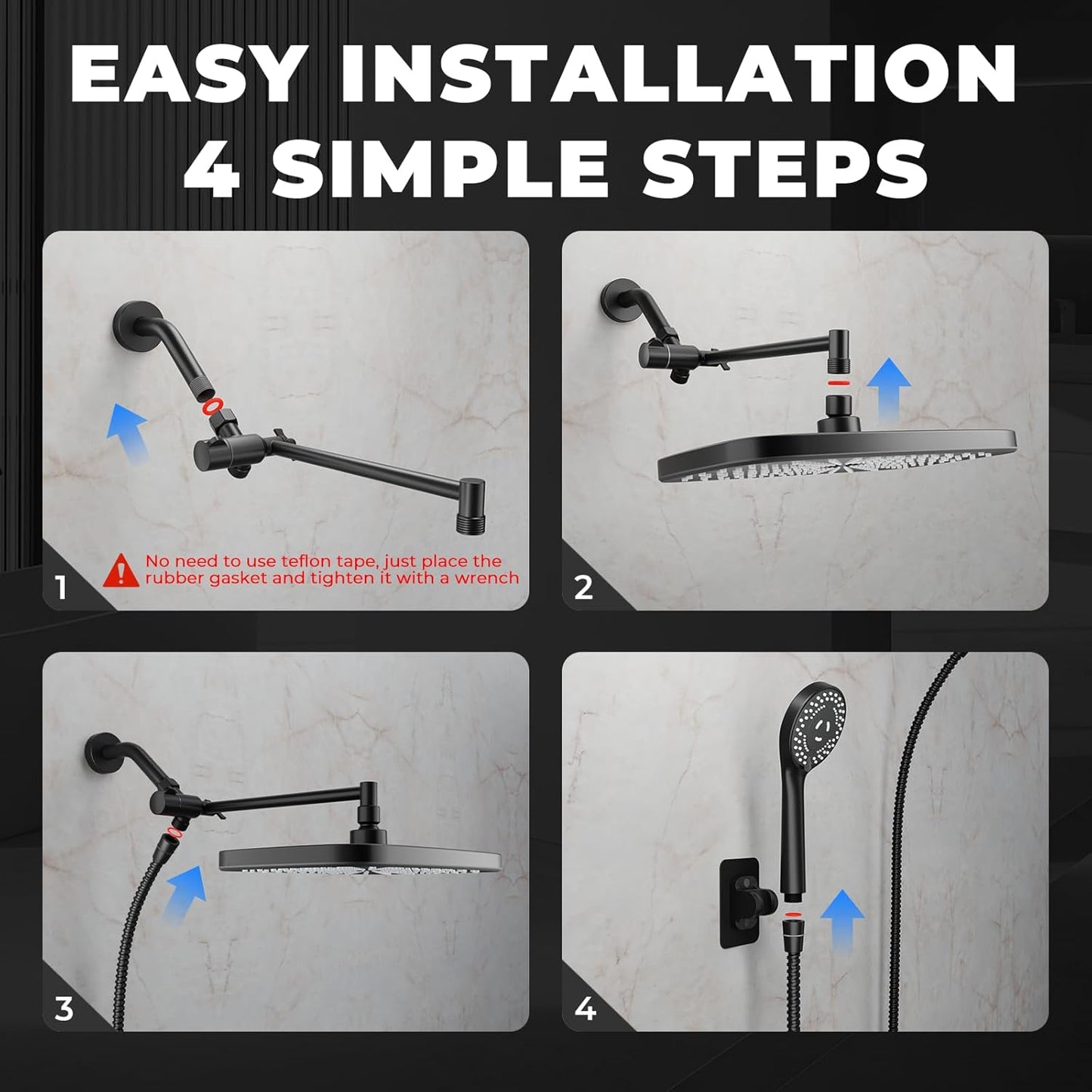 Wide Rain Shower Head With 5 Modes Handheld Showerheads, High Pressure Showerhead Combo with Extension Arm for Bathroom Accessories, Adjustable Shower Head with Anti-Clog Nozzles (Black)