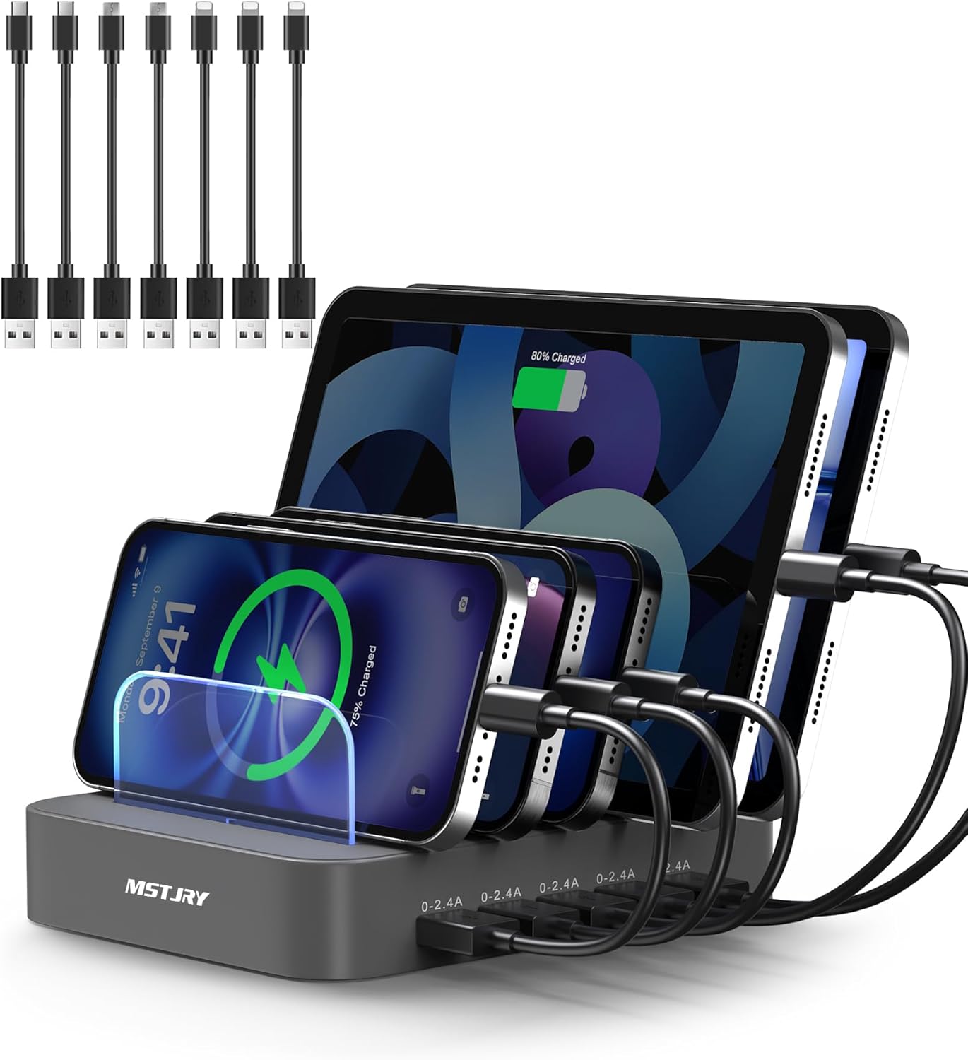 MSTJRY Charging Station for Multiple Devices : 5 Port Multi USB-A Charger Stations Multi-Device Organizer Charging Dock Designed for iPhone iPad Cell Phone Tablets (7 Short Cables Included)