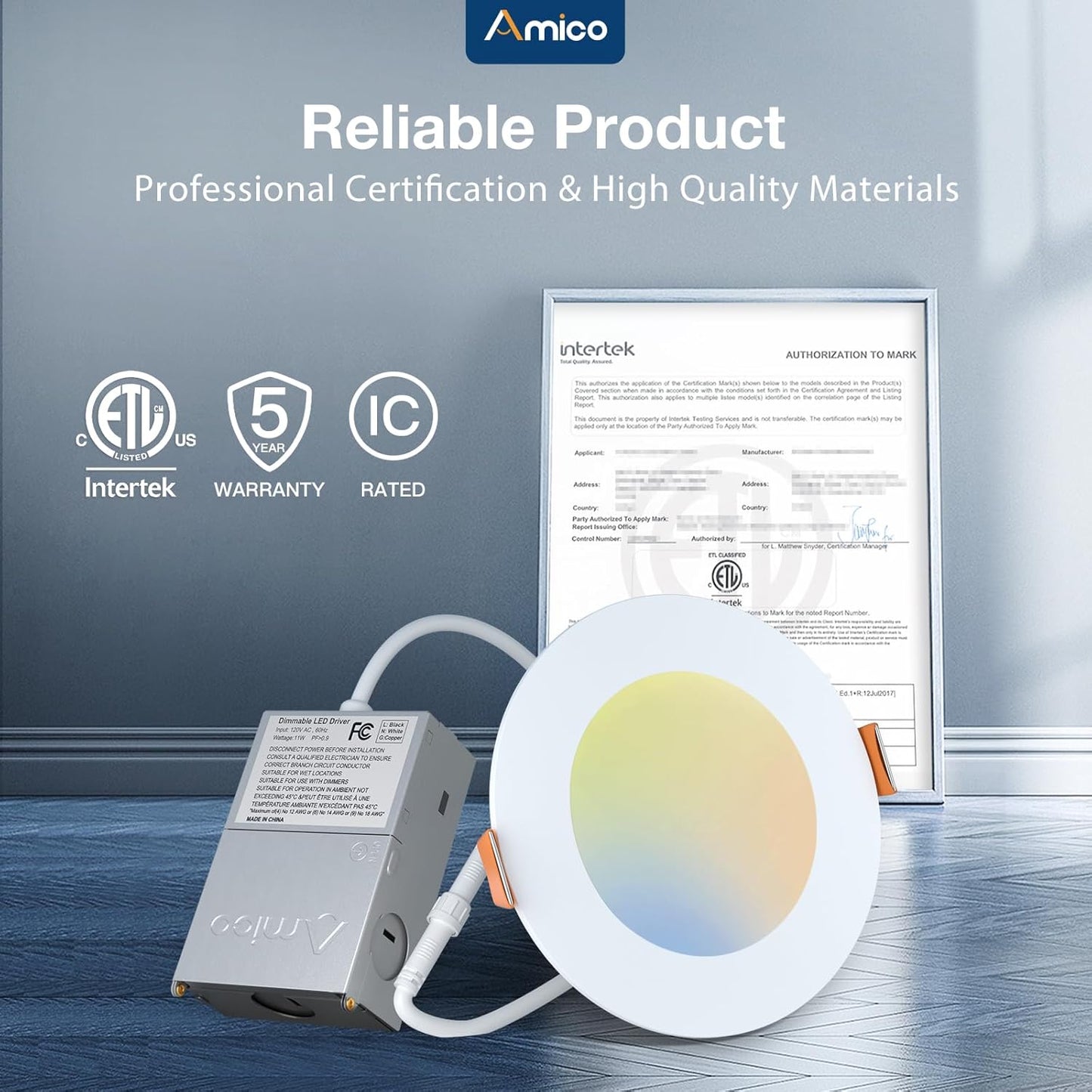 Amico 6 Pack 4 Inch 5CCT Ultra-Thin LED Recessed Ceiling Light with Junction Box, 2700K/3000K/3500K/4000K/5000K Selectable, 11W Eqv 70W 800LM Brightness Dimmable Canless Wafer Downlight, ETL & FCC