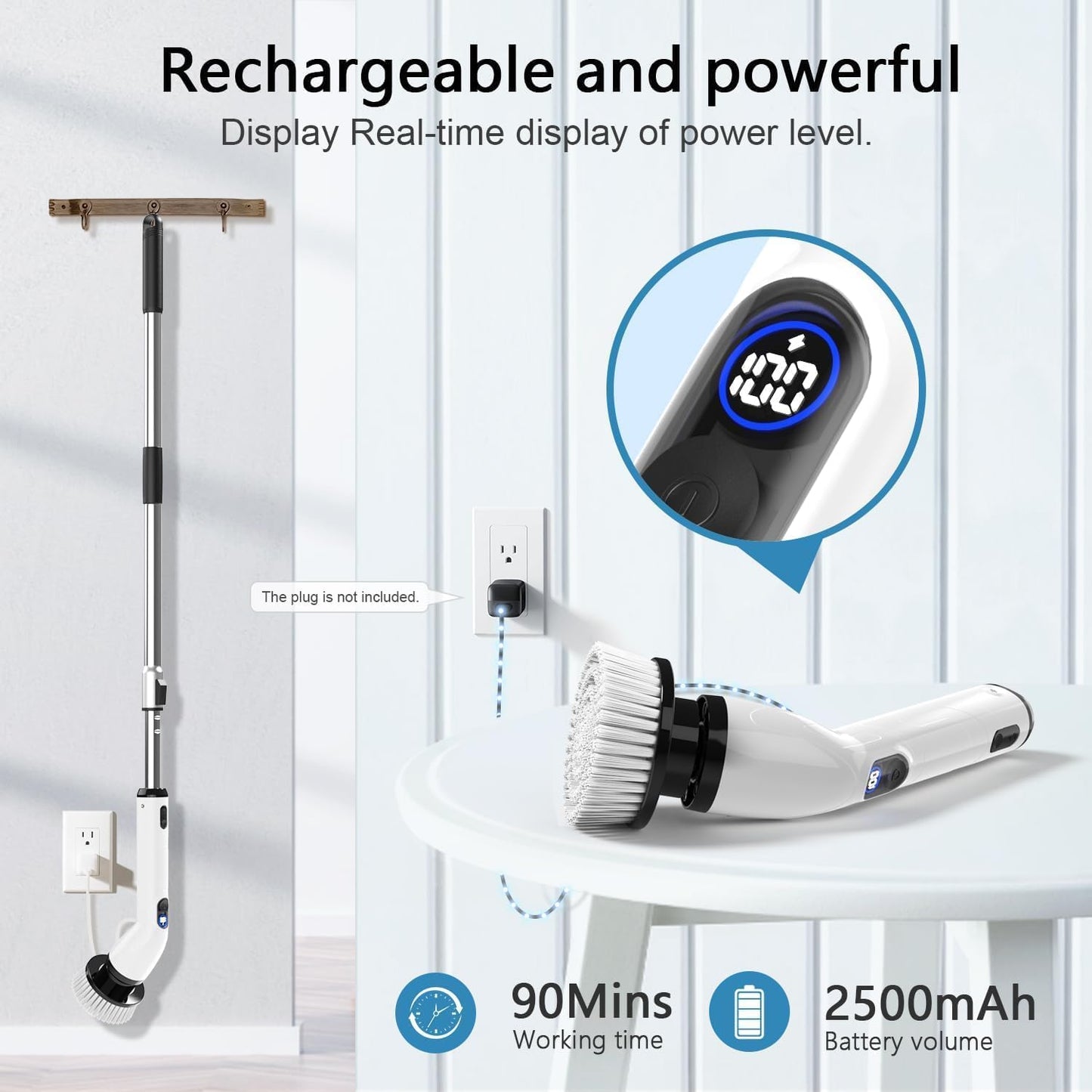 TUYU Electric Spin Scrubber, Full-Body IPX7 Waterproof Bathroom Scrubber with Power LCD Display, 8 Replacement Head, Adjustable Extension Handle, Cordless Shower Cleaner Brush for Bathtub Cleaning