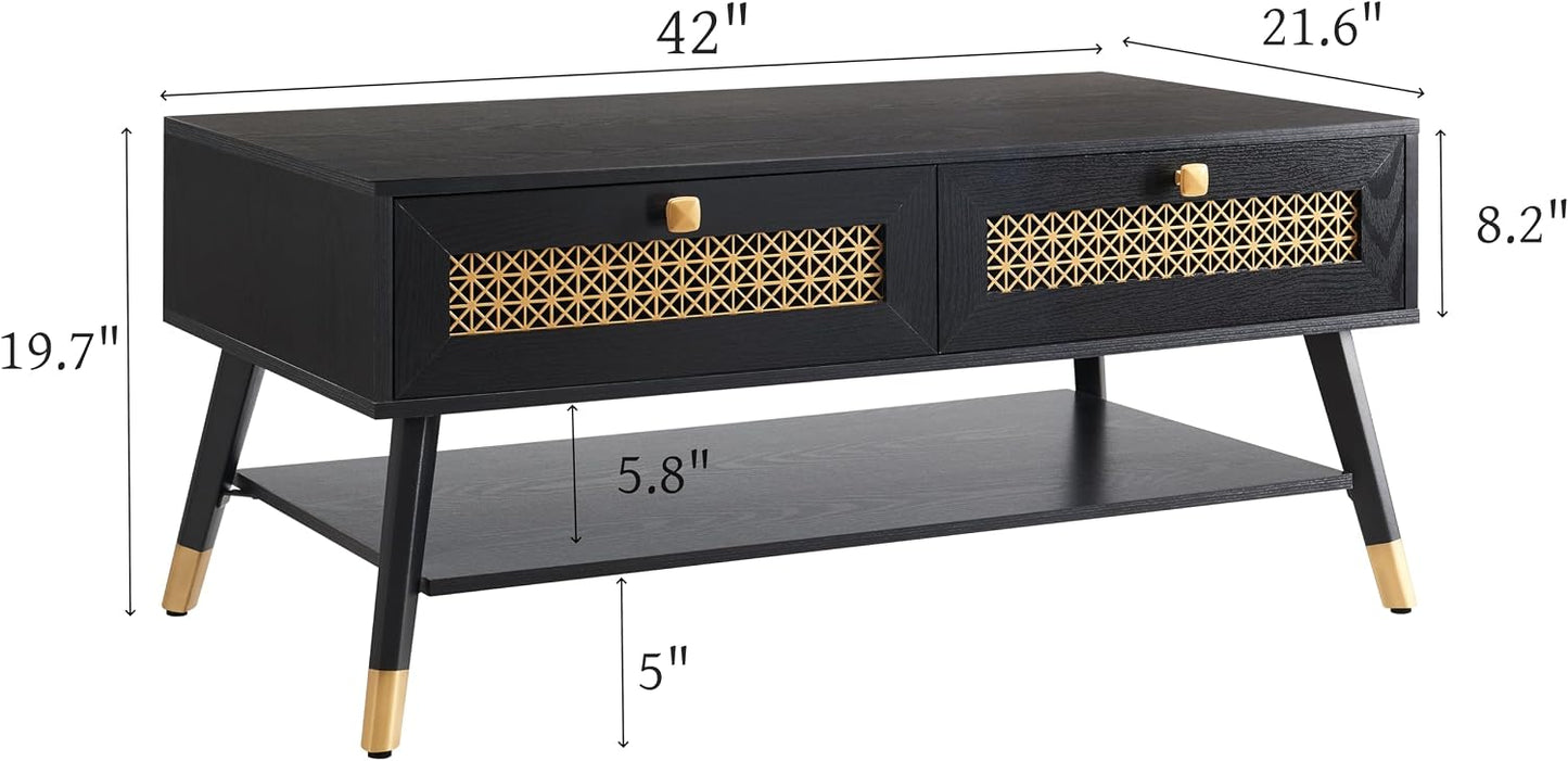 Mid Century Modern Coffee Table - Black Wood with Storage Drawers & Open Shelf, Compact Living Room Furniture for Small Spaces, 41.9" Wx21.6 Dx19.7 H