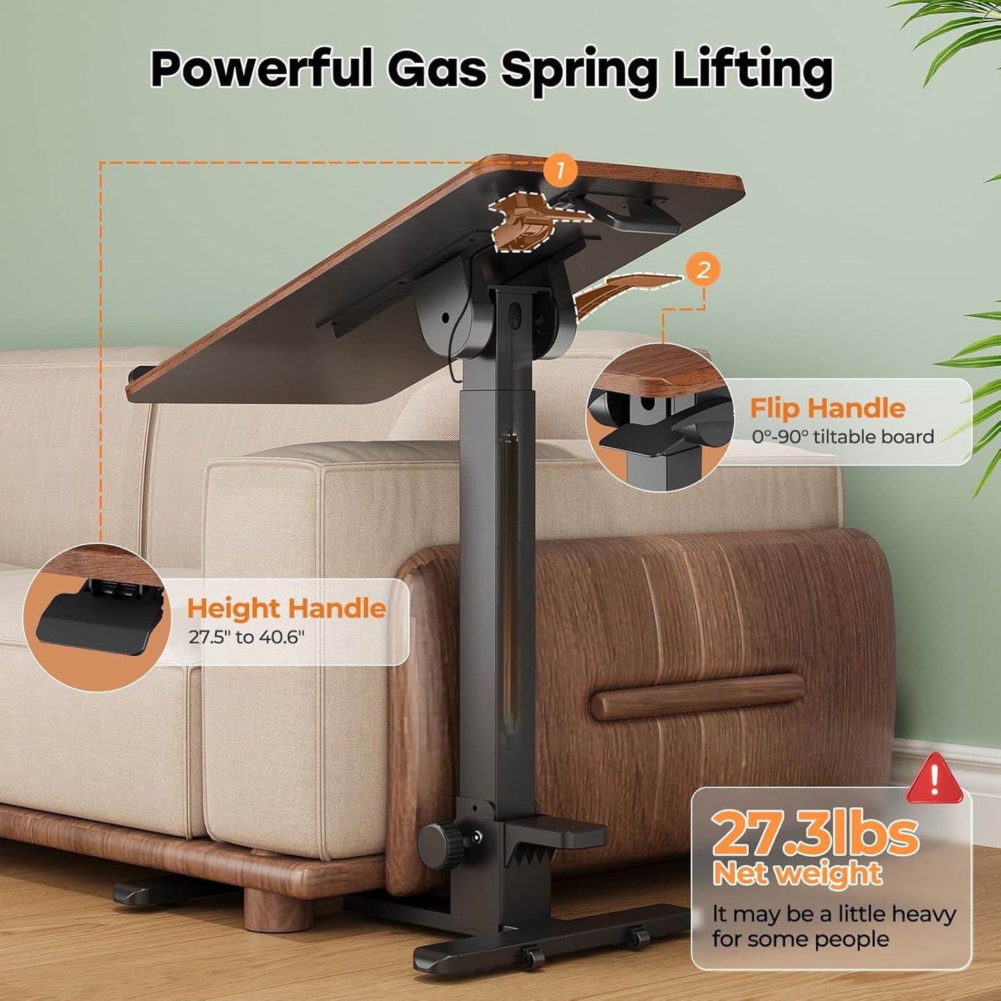 Foldable Mobile Standing Desk, 27 Inch Small Rolling Laptop Cart Height Adjustment, 90° Tiltable Bedside Table, No Assembly Needed Portable Computer Workstation, Dark Wood