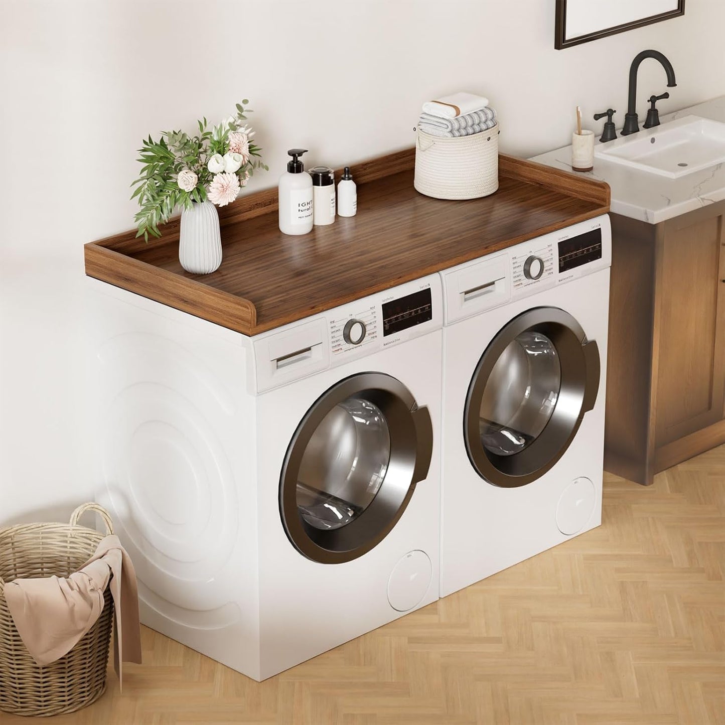 Cozivolife Washer Dryer Countertop, Laundry Topper with Edge Rails, 54" x 27.5" Bamboo Folding Station & Waterproof Surface, 220 lb Load Capacity for Laundry Room Organization(Walnut)