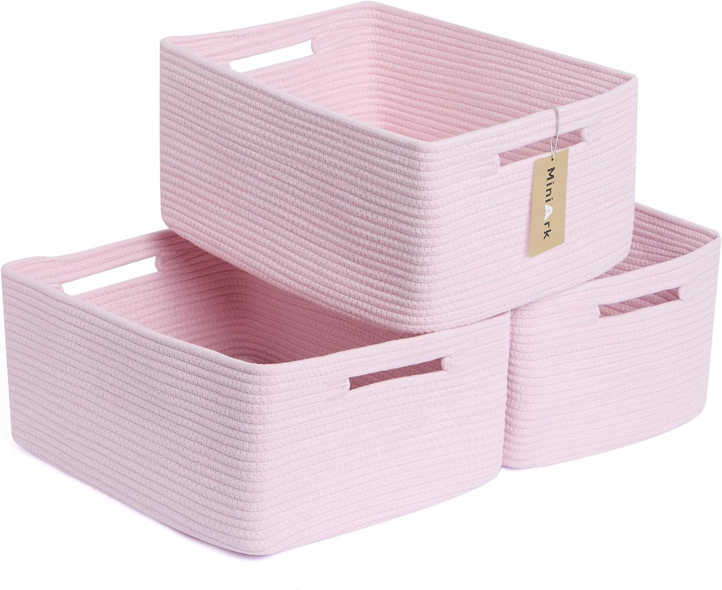 MiniArk Large Storage Baskets for Shelves, 17 x 13 x 7.5” Closet Organizers Bins for Clothes Blanket Towels, Baby Nursery, Toy Baskets Box, Woven Rope Baskets, 3 Packs Light Pink
