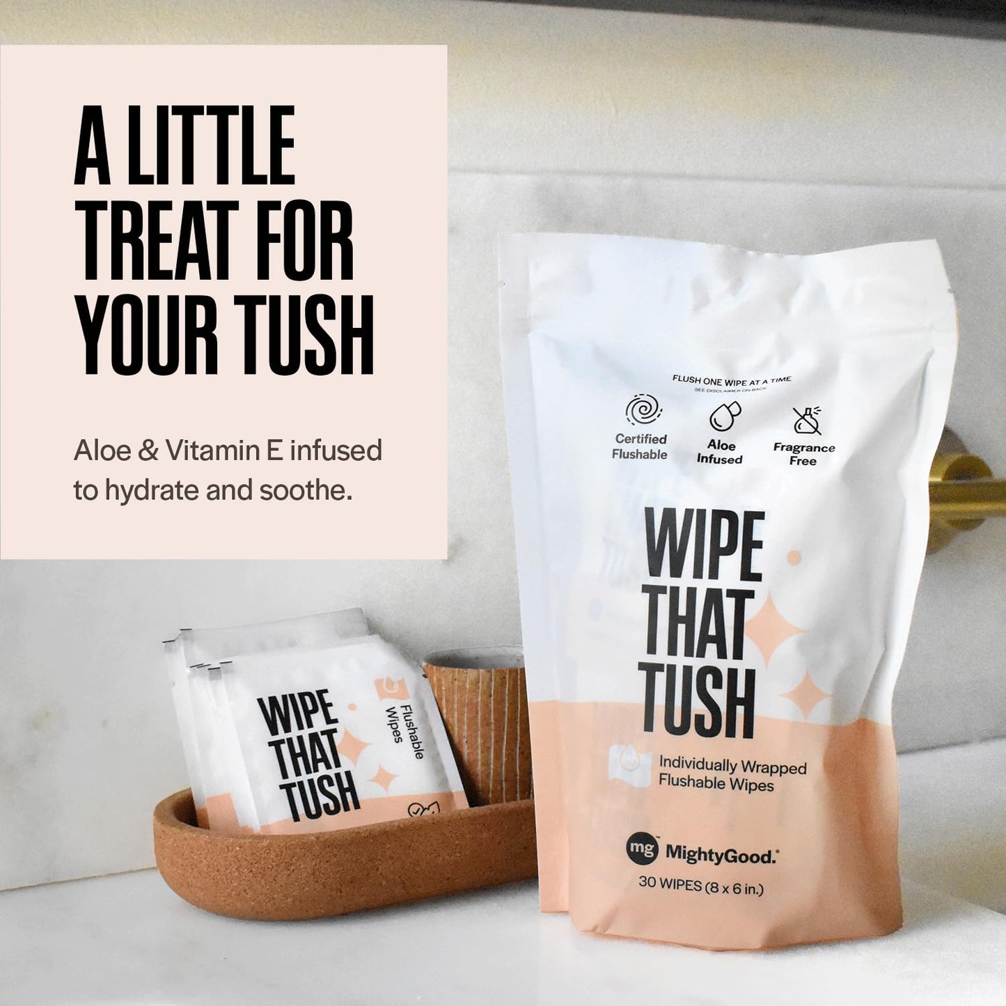 Wipe That Tush On-The-Go Flushable Wipes - 1 Packs of 30 Individually Wrapped Travel Wipes - Fragrance Free & Hypoallergenic - Extra Large & Soft - Aloe & Vitamin E - Septic-Safe - Travel Essentials