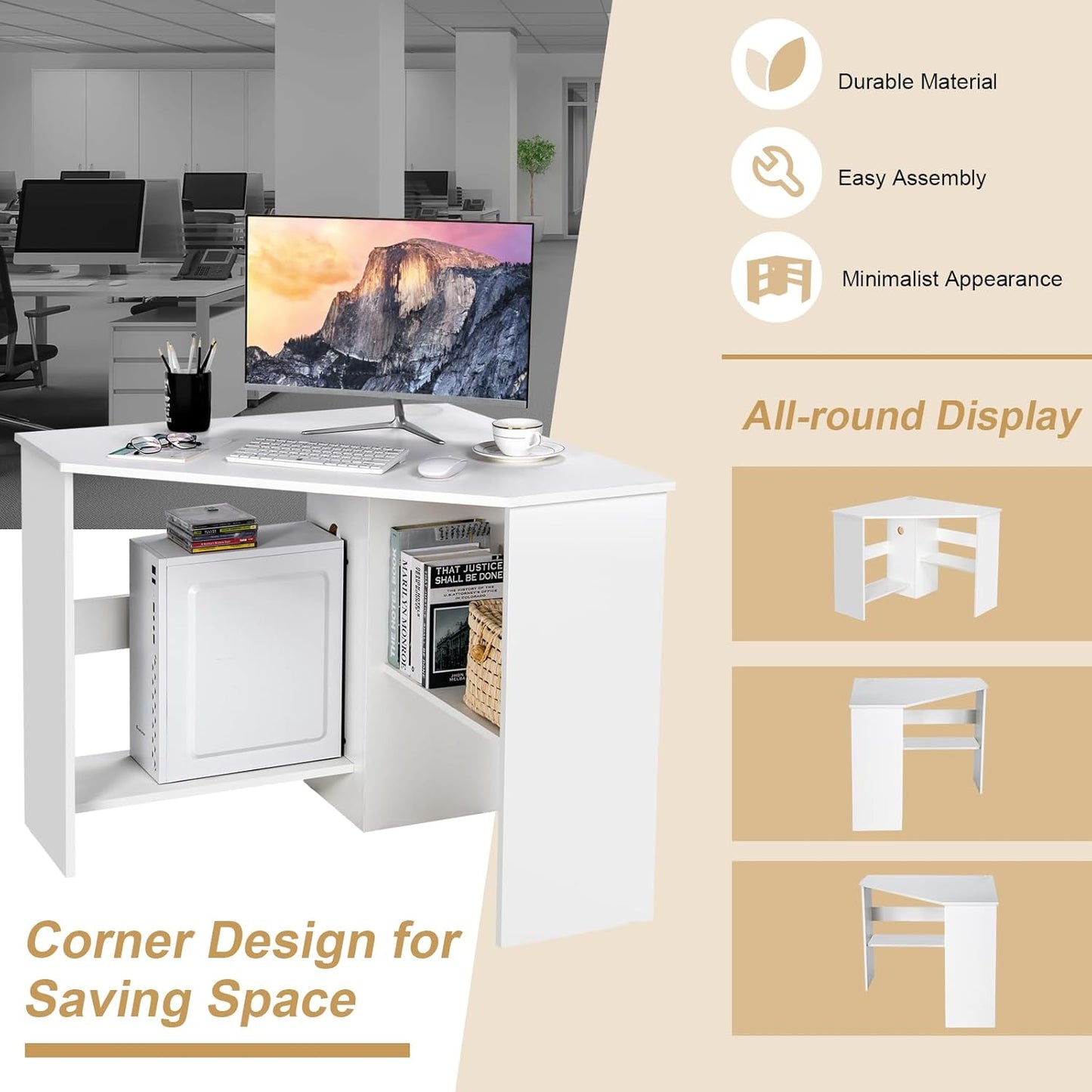 Tangkula White Corner Desk - 90 Degrees Triangle for Computer, Small Space, Bedroom, Makeup Vanity Desk with Storage Shelves & CPU Stand, Space Saving Writing Desk