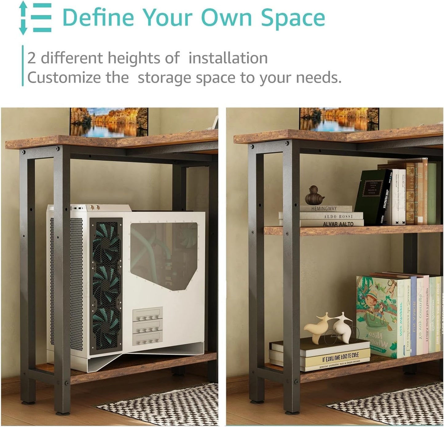 Lufeiya L Shaped Desk with Drawers & Storage Shelves, 47 Inch Small Reversible Corner Desk with Power Outlet for Home Office Bedroom, L-Shaped Gaming PC Computer Desks with Fabric Drawer, Rustic Brown