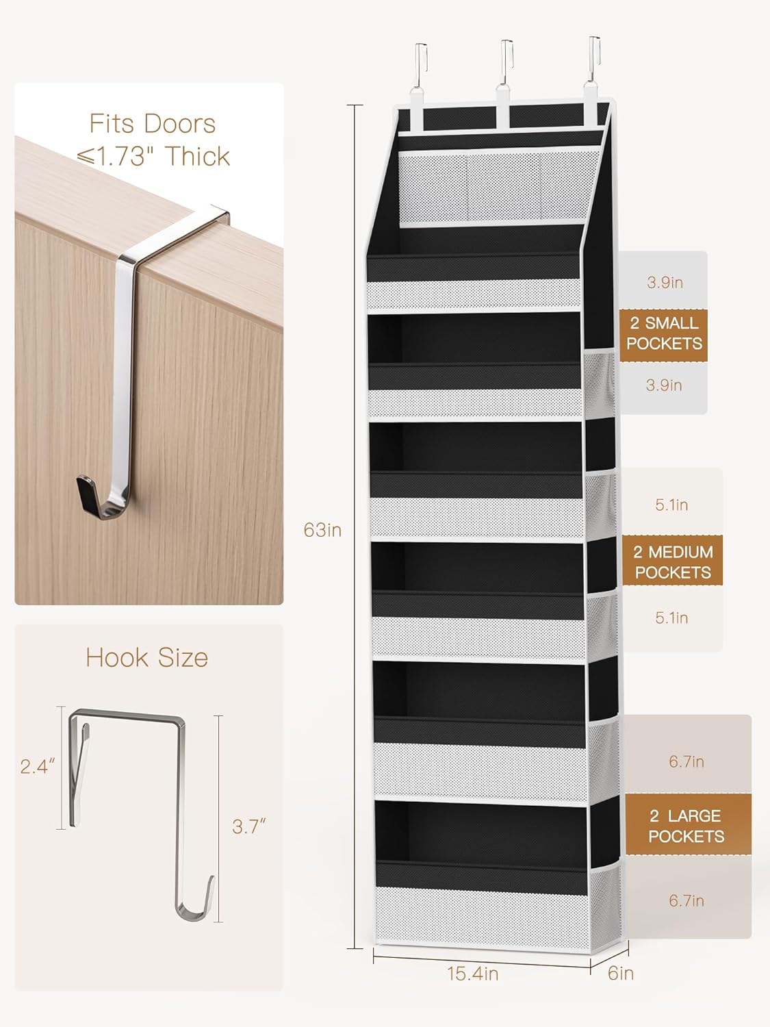 Criusia Over the Door Organizer, Heavy-Duty 6-Shelf Hanging Storage with 13 Mesh Pockets, 55lbs Capacity Behind the Door Storage for Nursery, Bathroom, Bedroom, and Dorm, Black
